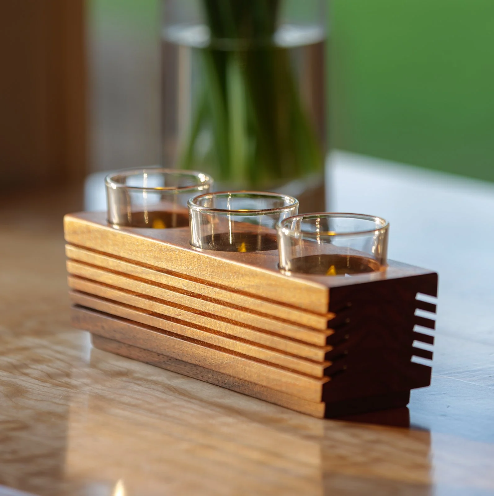 Louvered candle holder in walnut
