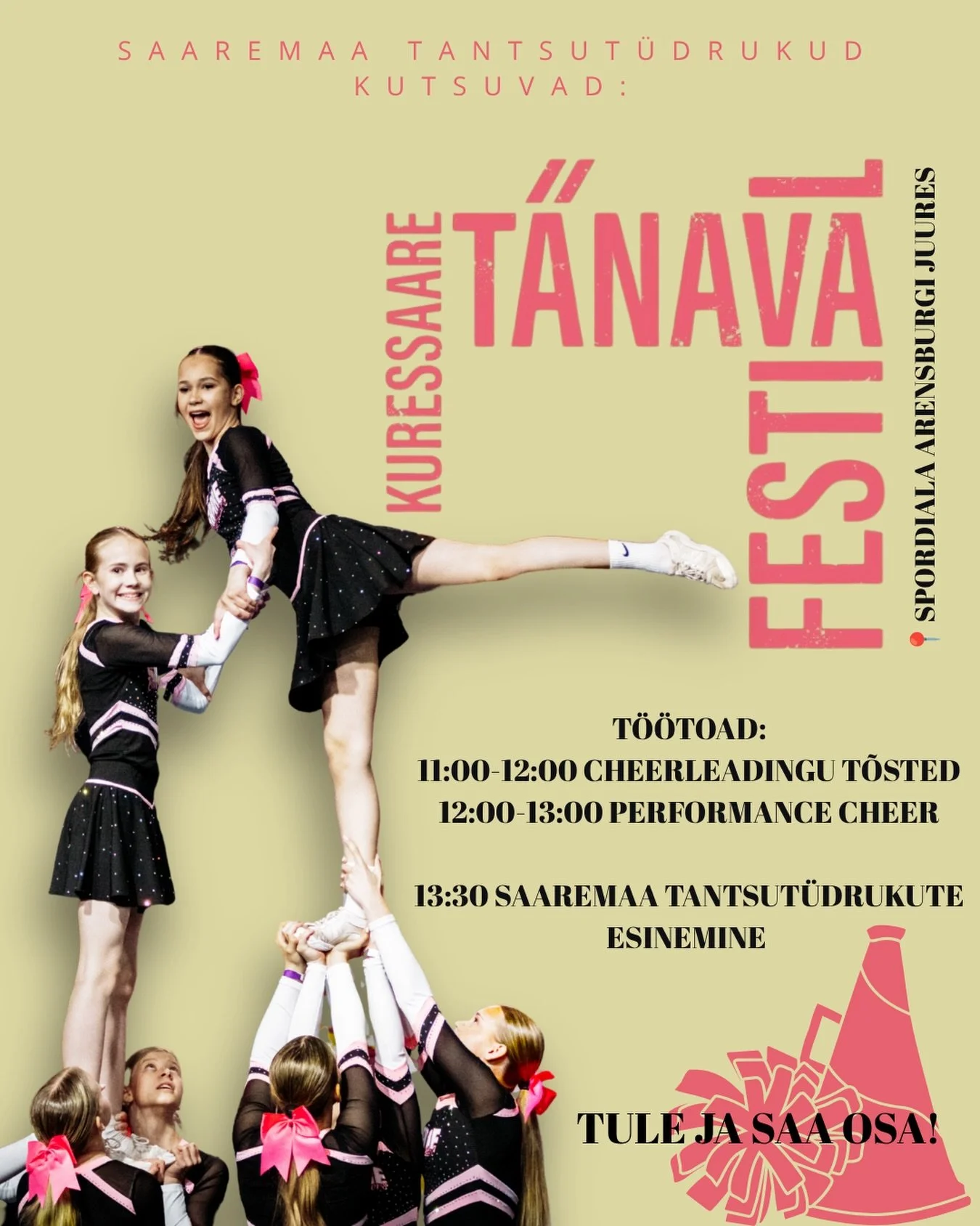 Juba homme toimub @kuressaarefestival kus ka meie oleme kohal ja teeme kaks toredat t&ouml;&ouml;tuba, kus k&otilde;ik huvilised saavad meiega liituda ja vahvalt aega veeta! 🤩

Ootame Sind📍Arensburgi juures oleval spordialal

11:00-12:00 Cheerleadi