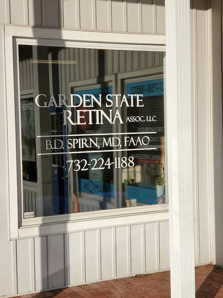 Window sign for Garden State Retina eye care practice at 555 Shrewsbury Avenue in Shrewsbury, NJ