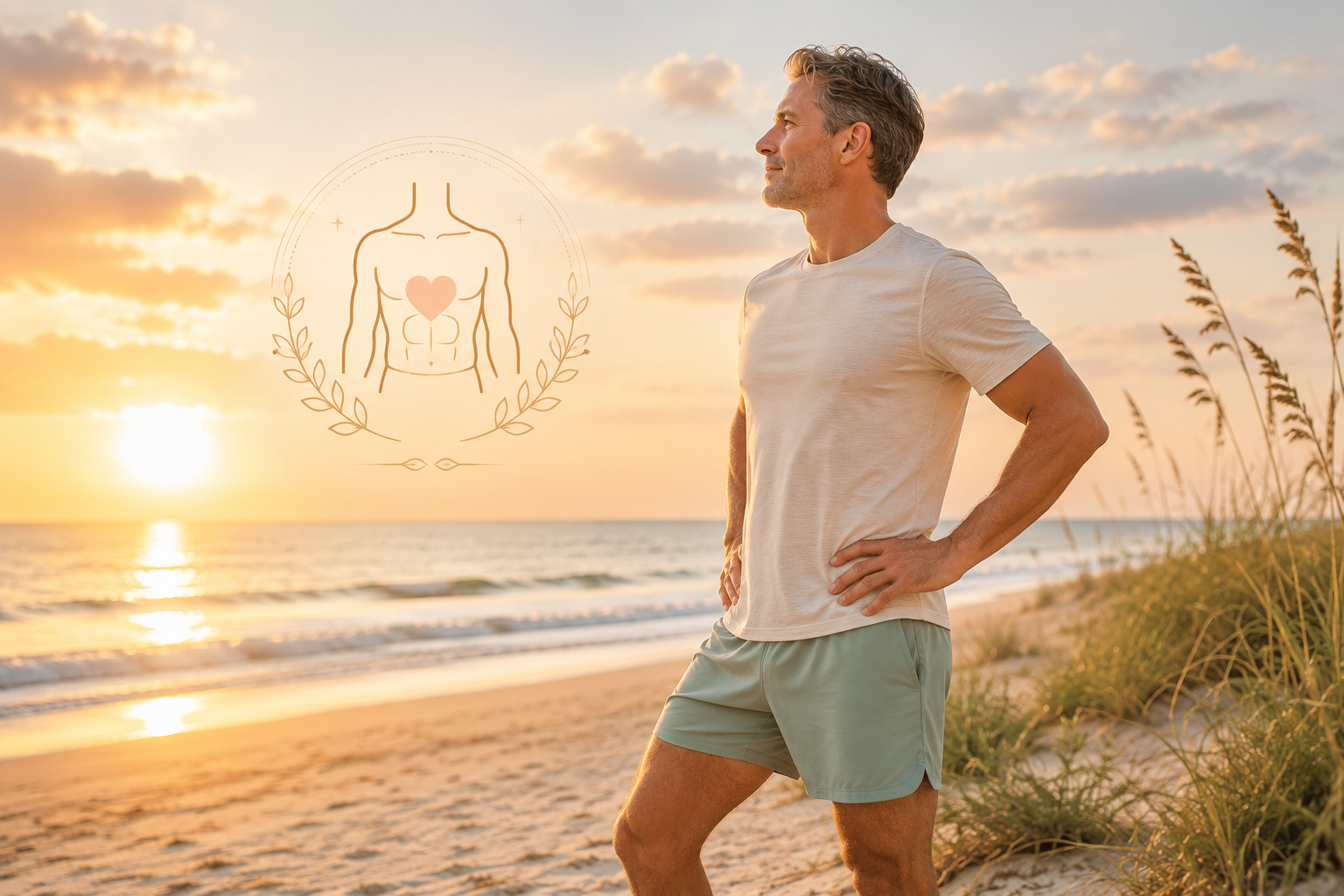 A man standing on a beach during sunset with a digital overlay of a human torso, heart, and laurel branches, symbolizing health and wellness.