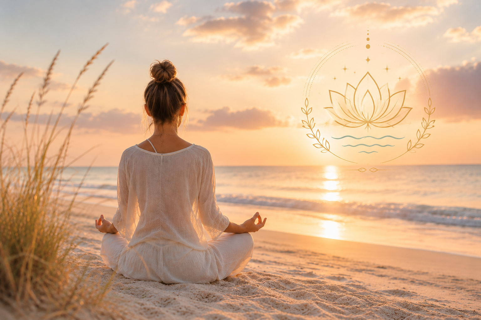 A woman practicing yoga in a seated meditation pose on a beach during sunset, with an illustration of a lotus flower and water overlaid in the sky