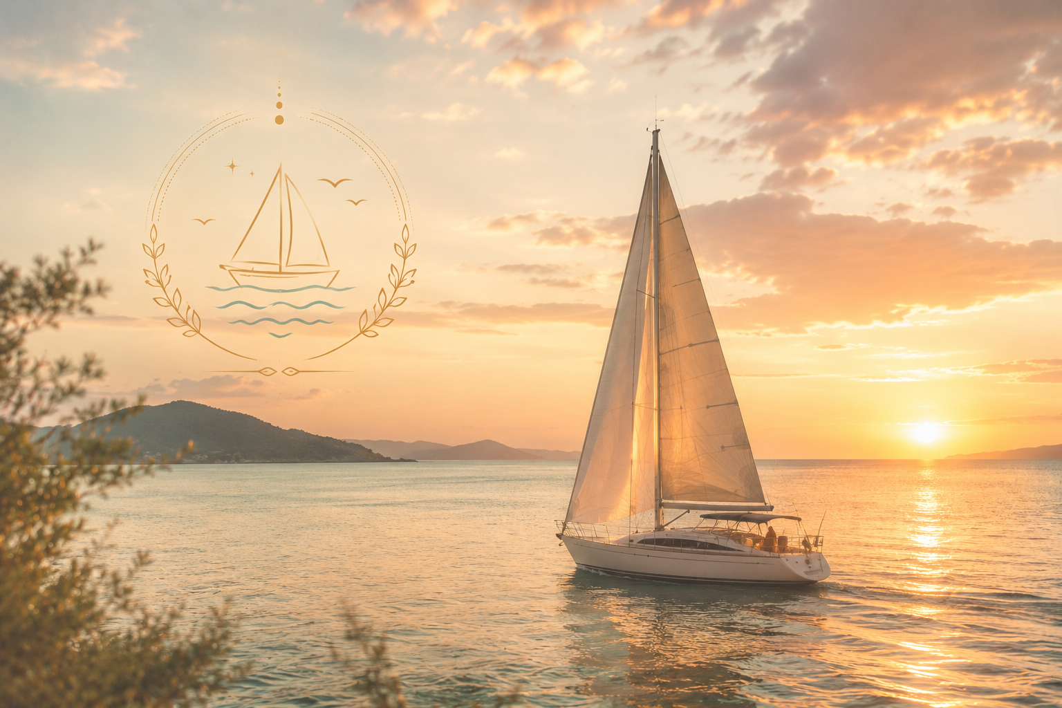 A sailboat on calm water during a sunset with an illustrated logo of a sailboat surrounded by laurel branches and birds.