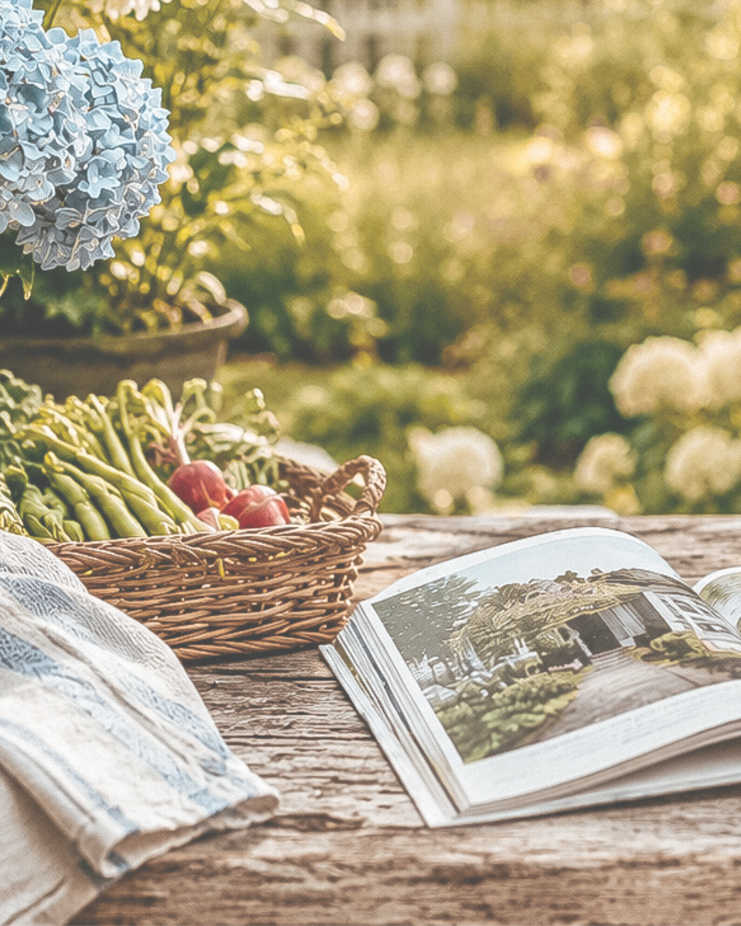 A wicker basket with radishes and green beans, an open magazine, a cloth, and a potted hydrangea flower on a rustic wooden table outdoors in sunlight.