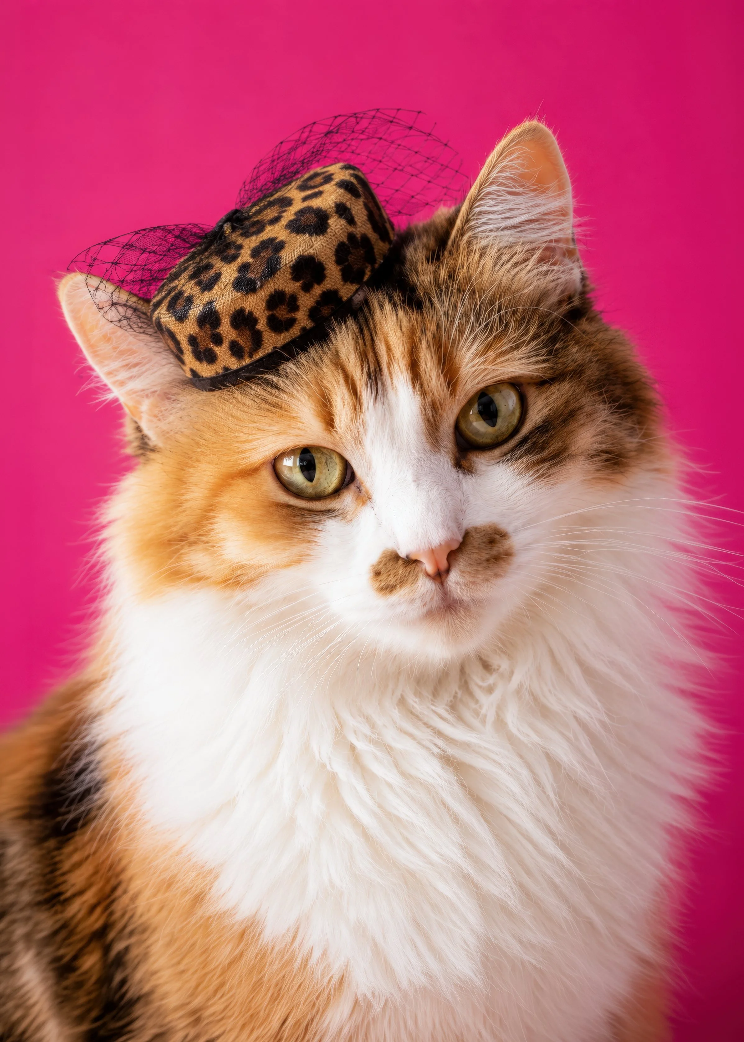 Close-up of a fluffy cat with green eyes wearing a small leopard-print fascinator with a black net on a pink background.