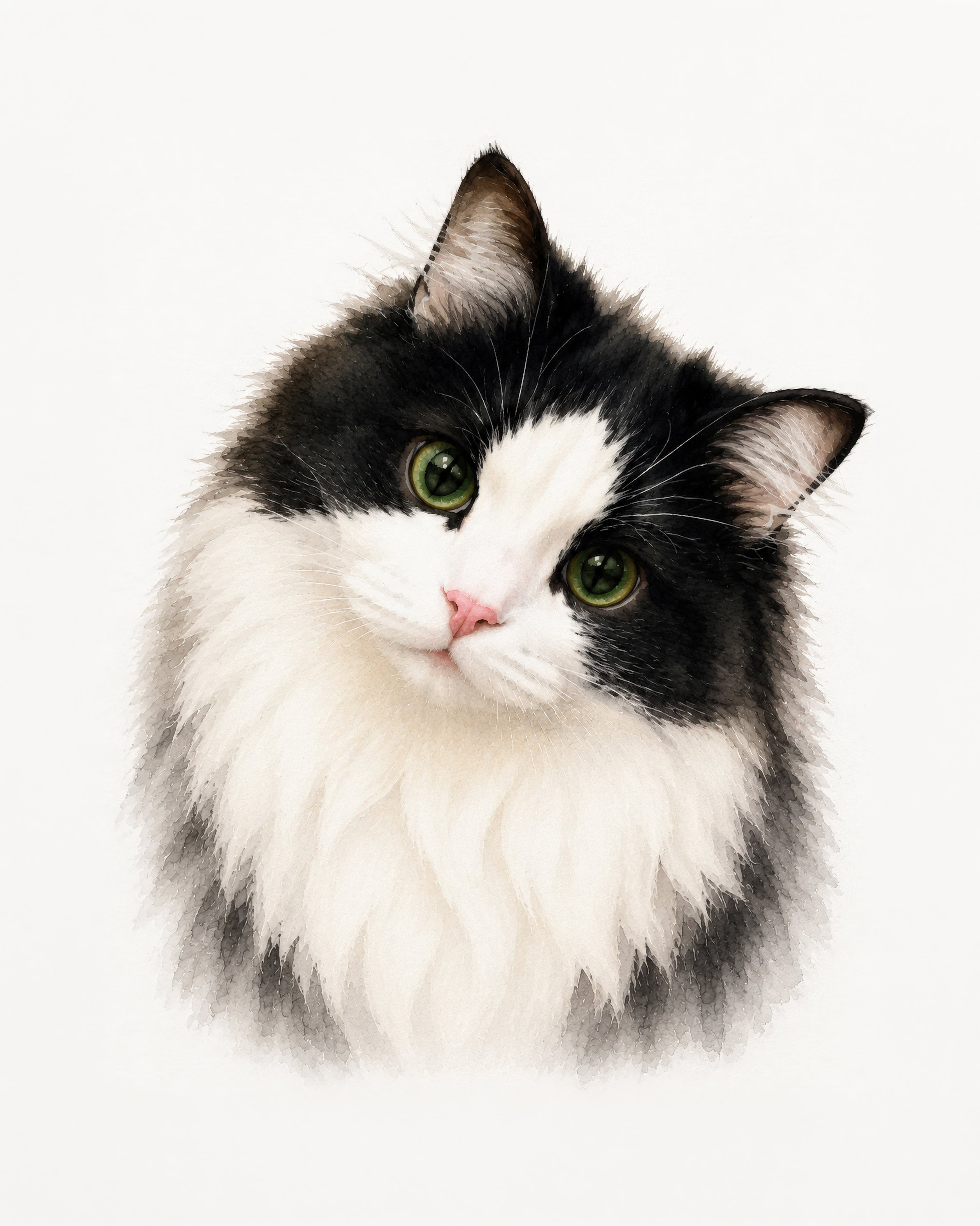 Close-up of a black and white cat with green eyes, looking at the camera against a plain white background.