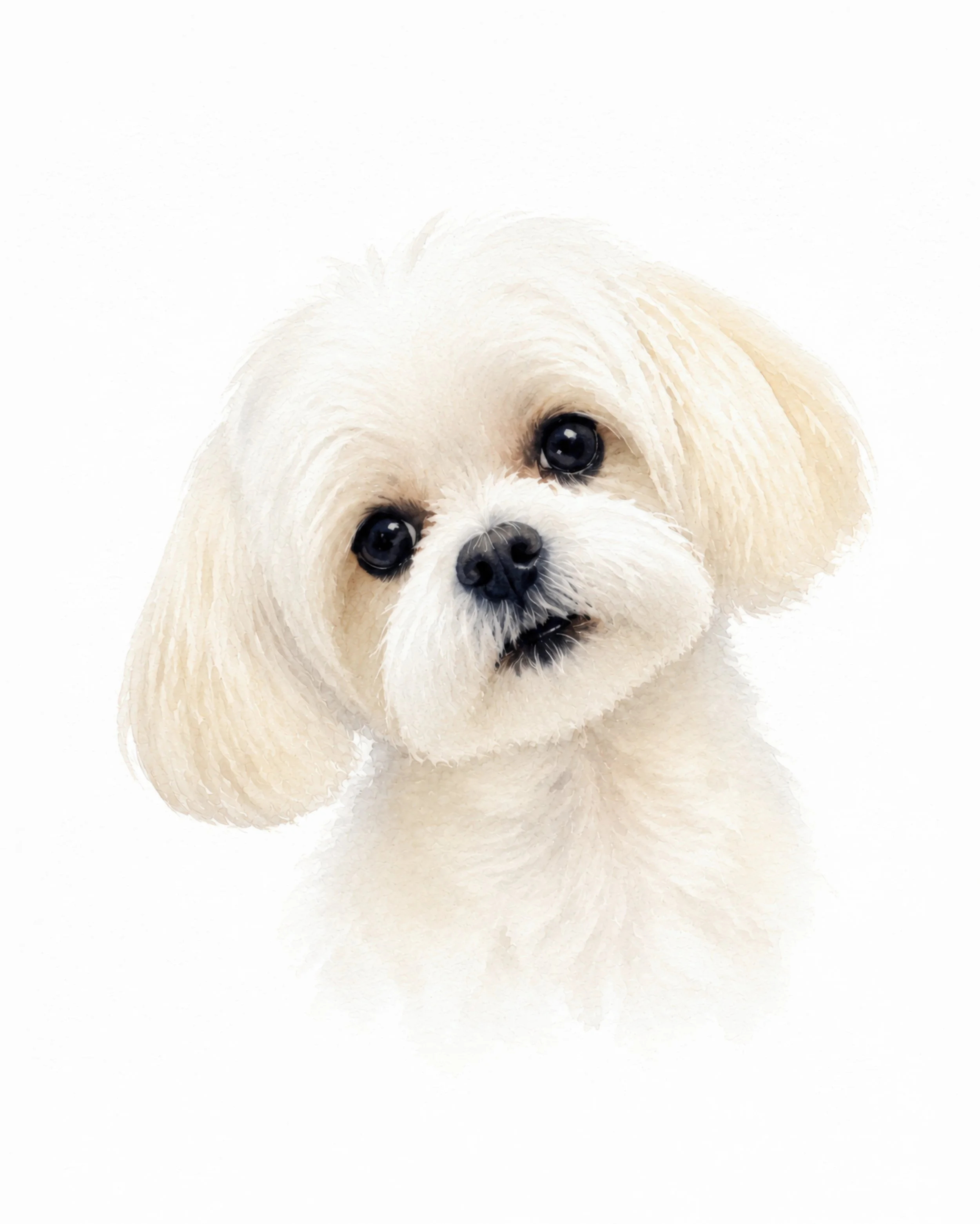 A digital painting of a small, fluffy white dog with dark eyes and a black nose, on a plain white background.