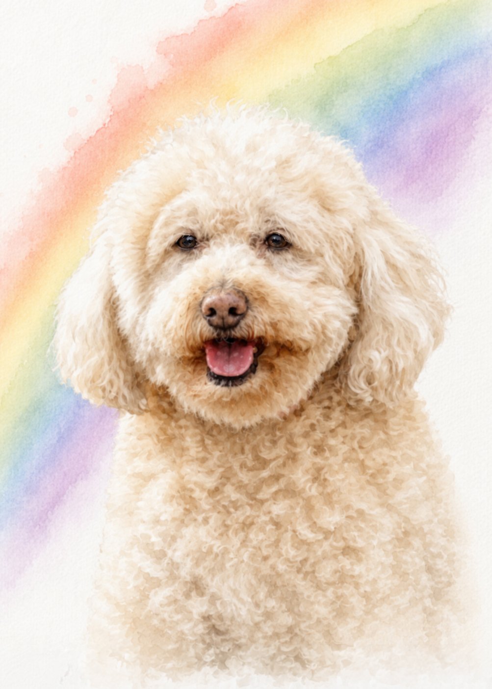 A fluffy, cream-colored dog with a curly coat, smiling with its tongue slightly out, in front of a rainbow-colored background.