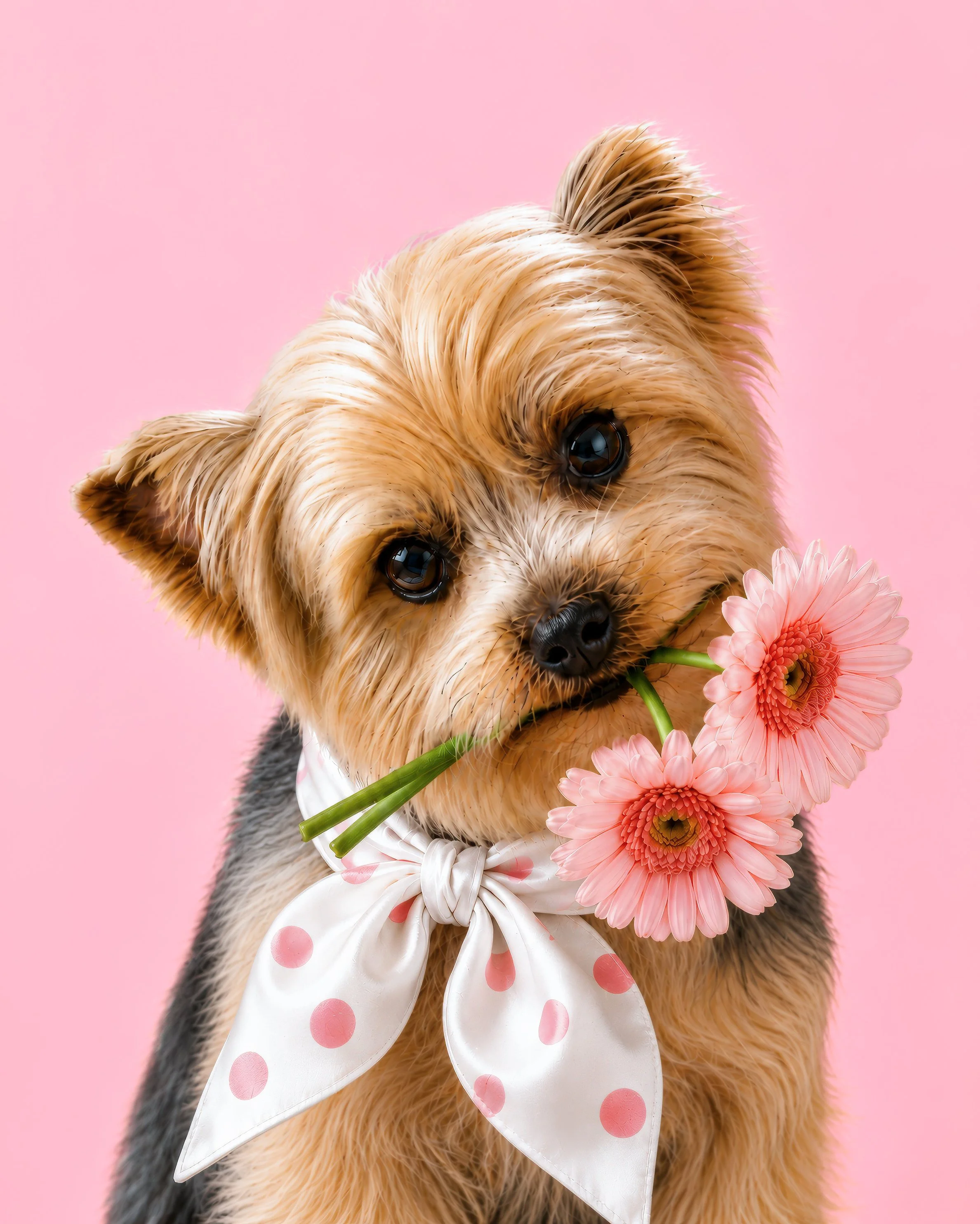 Close-up of a small dog with tan and black fur holding a pink flower, wearing a white bow with pink polka dots, against a pink background.