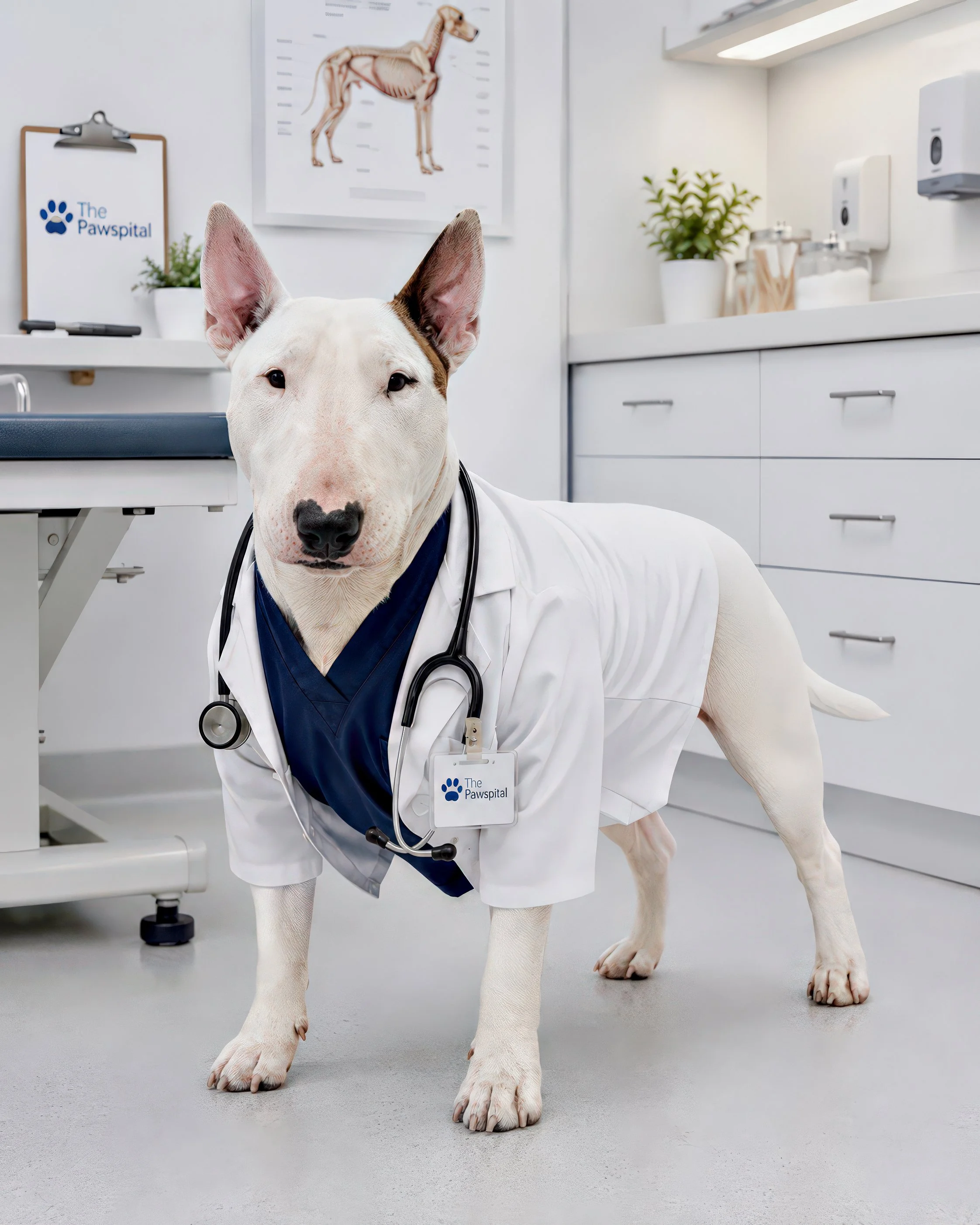 A dog dressed as a doctor wearing a white coat and stethoscope, in a veterinary clinic with a medical chart and anatomical poster of a dog in the background.