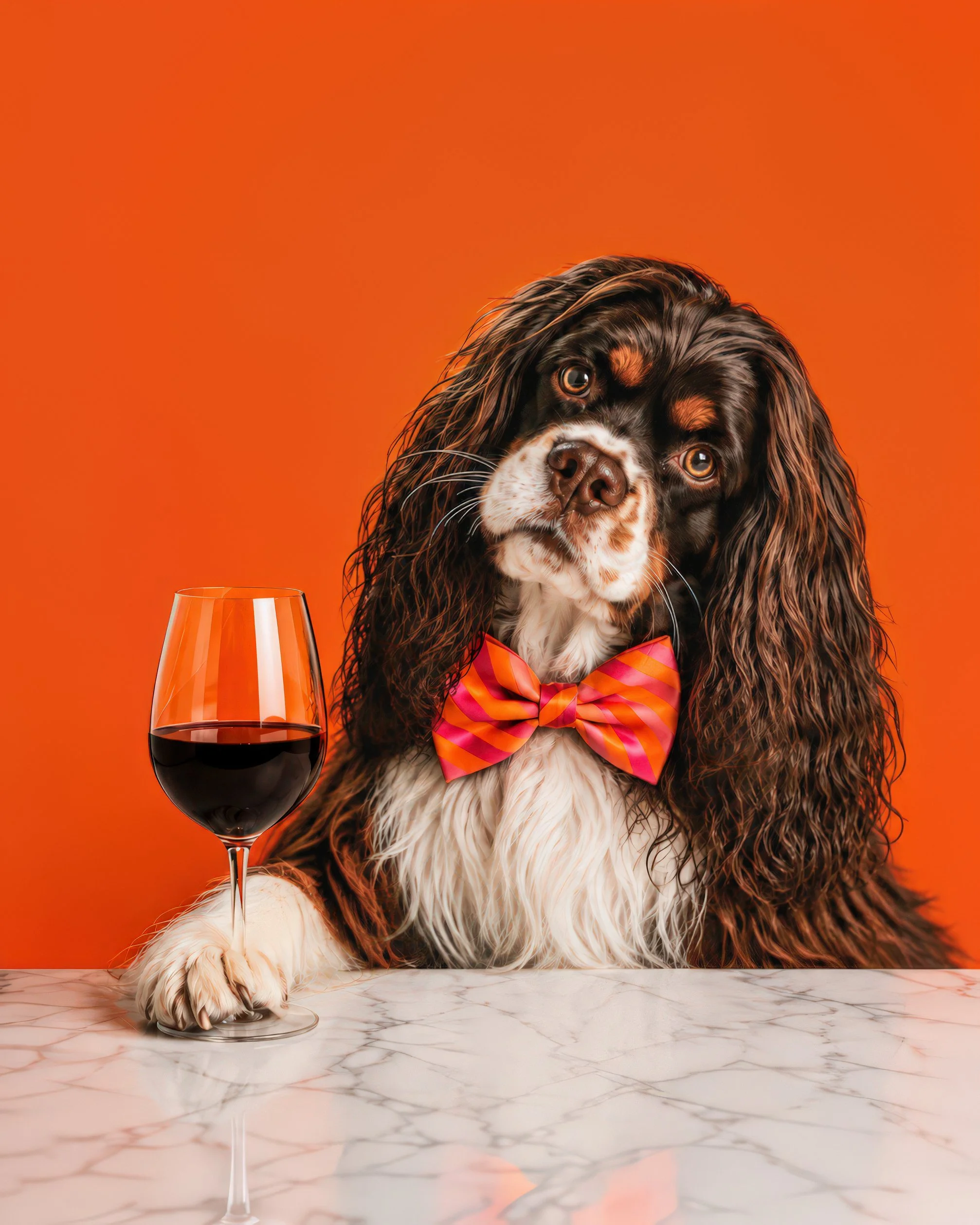 A dog with brown and white fur, wearing a pink and orange striped bow tie, sitting on a marble surface next to a glass of red wine, against an orange background.
