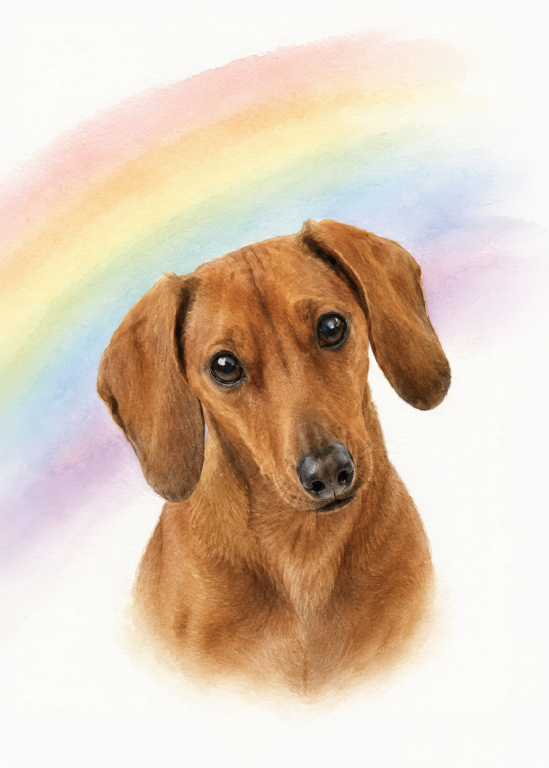 Watercolor painting of a brown dog with long ears and big eyes, with a rainbow in the background.