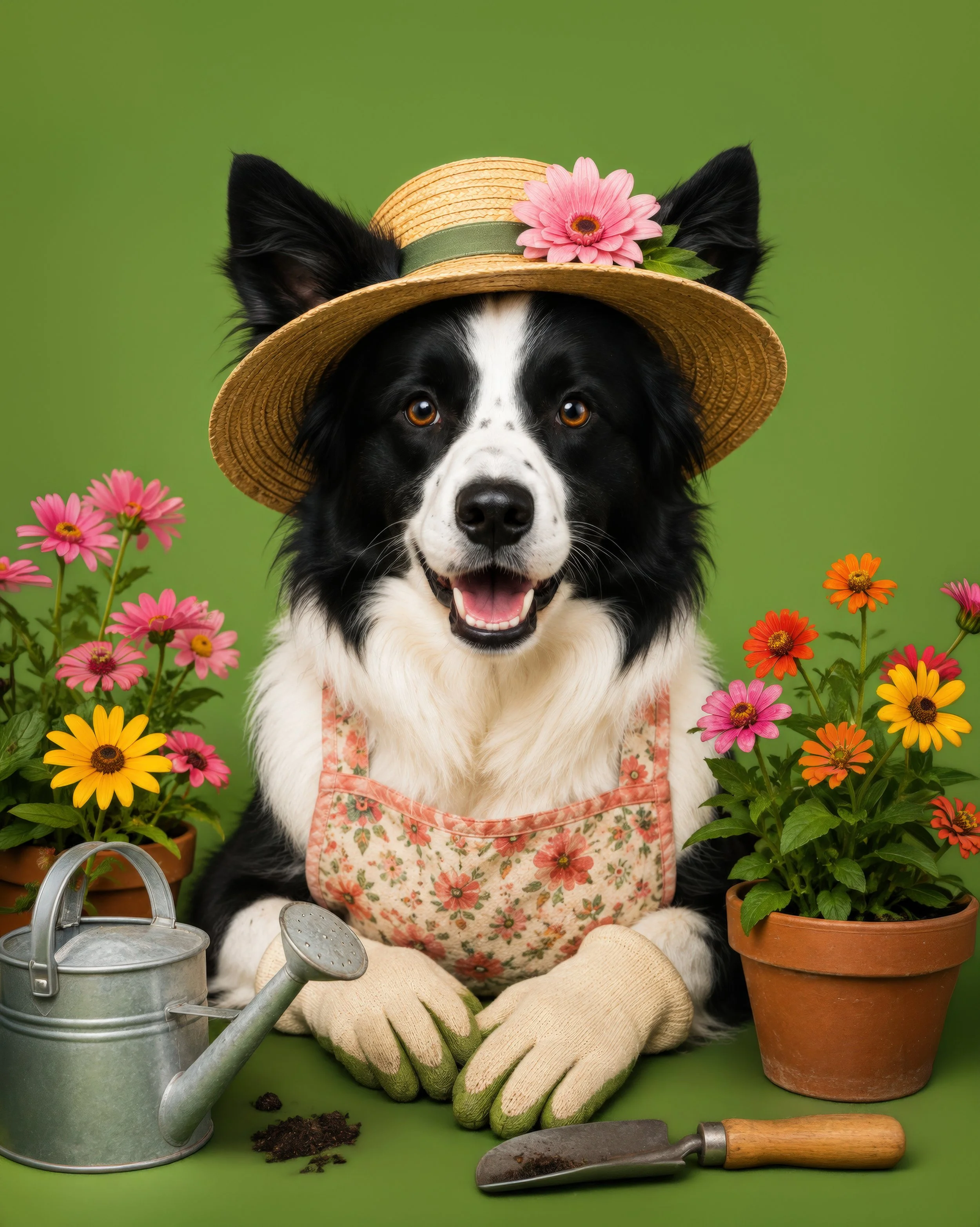 A black and white Border Collie dog wearing a floral apron and a straw hat decorated with a pink flower, sitting among colorful flowers with gardening tools like a metal watering can, gardening gloves, a trowel, and a small garden shovel in the scene