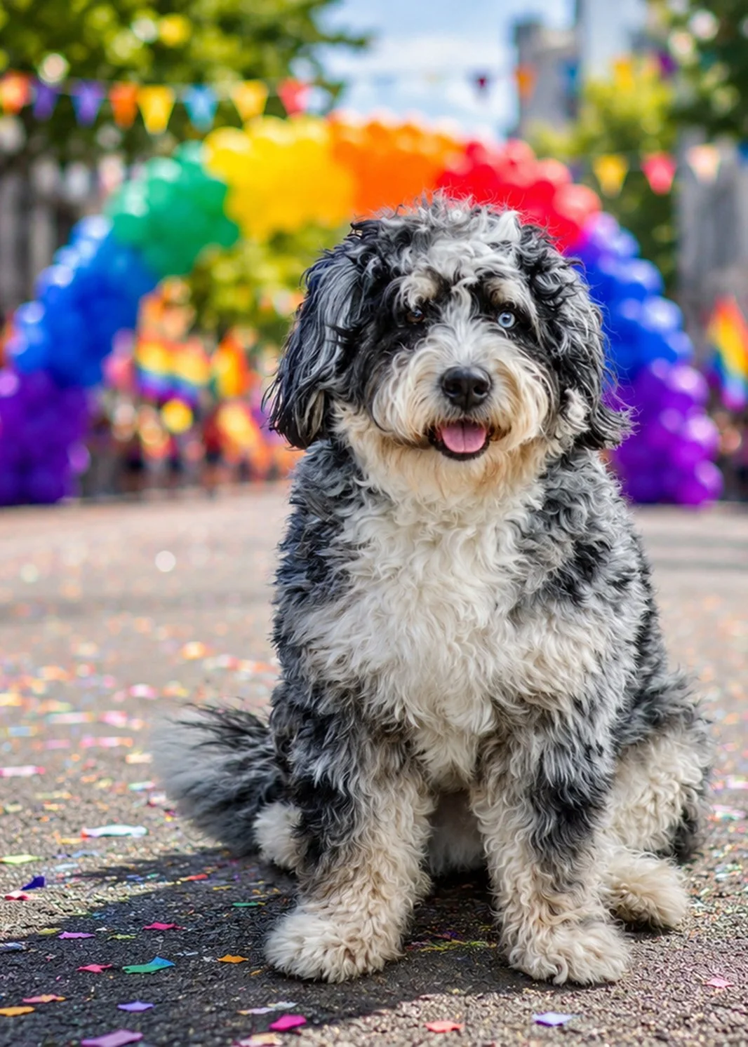 A cute black, white, and gray curly-haired puppy with blue eyes sitting on a street decorated with colorful confetti and rainbow balloons, with a rainbow arch in the background at an outdoor celebration.