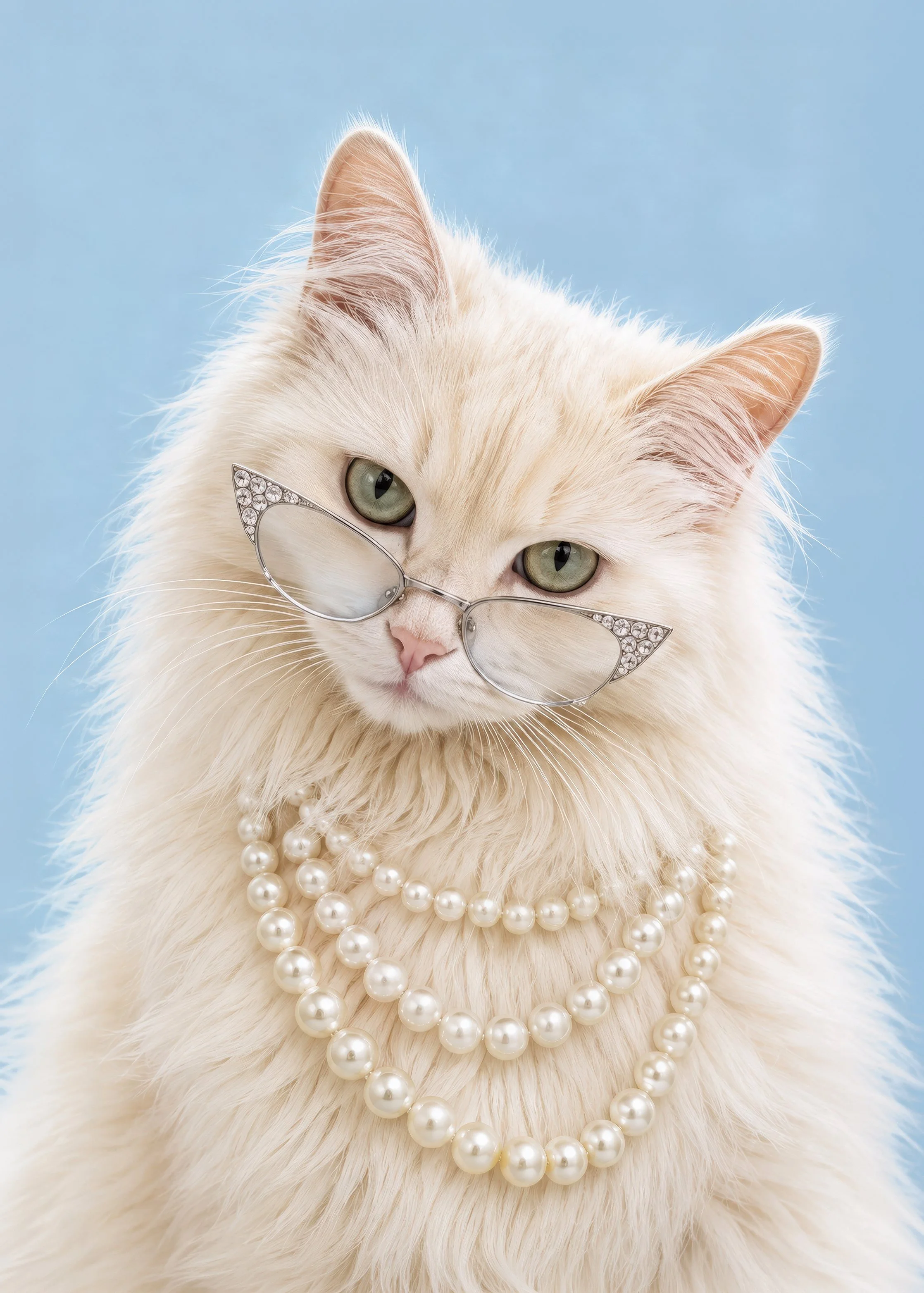 A fluffy white cat wearing pearl necklaces, stylish sunglasses with rhinestones, and looking at the camera against a light blue background.