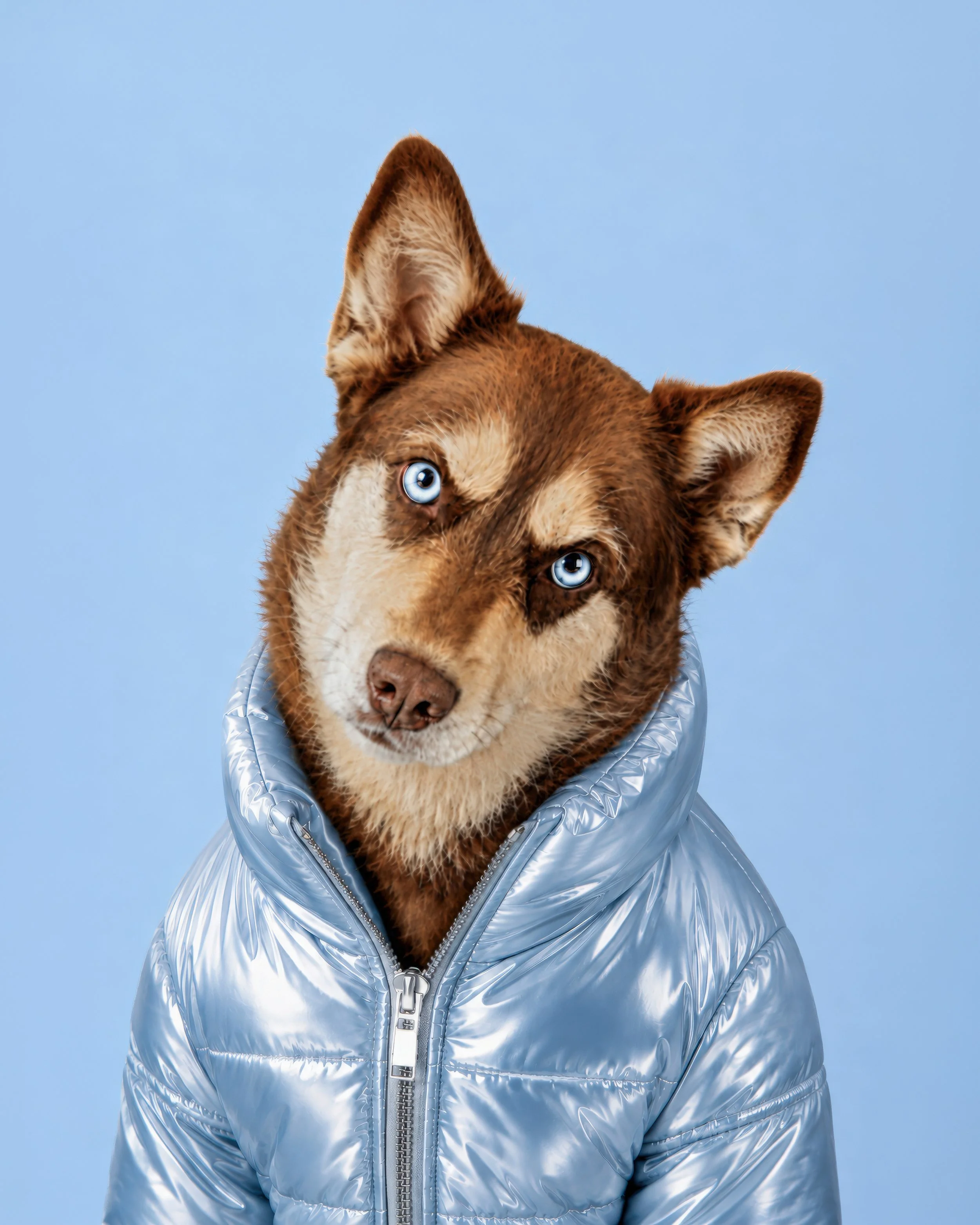 A dog, possibly a Siberian Husky, wearing a shiny silver jacket, with a blue background.