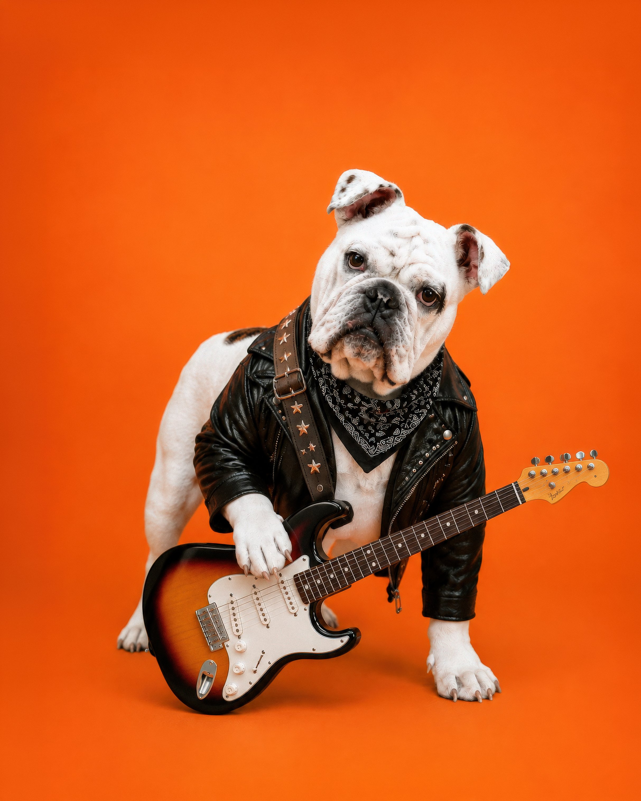 A bulldog wearing a leather jacket and bandana, holding an acoustic electric guitar, against an orange background.