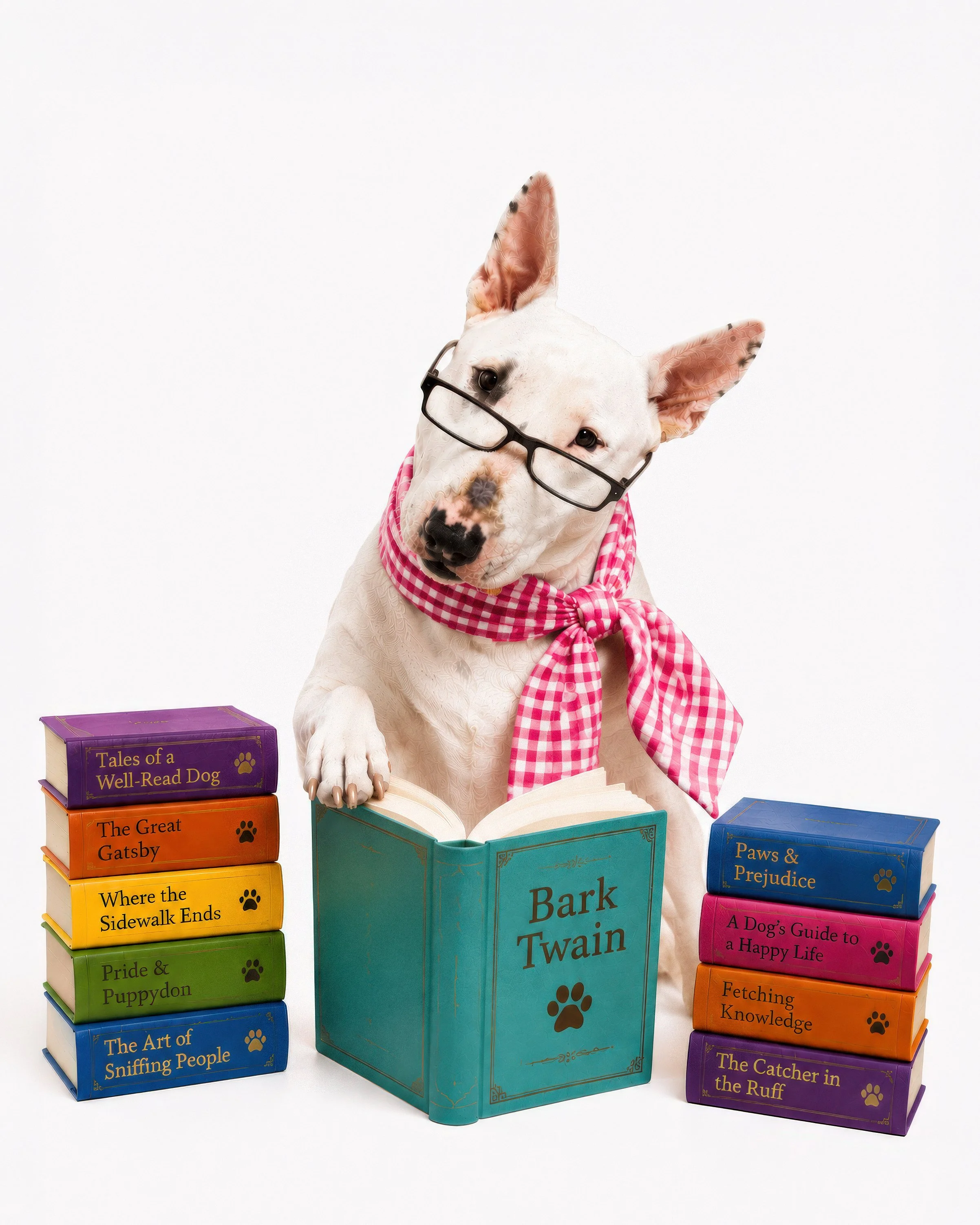 A dog wearing glasses and a pink checkered scarf, surrounded by stacks of colorful books about dogs and literature, with a white background.