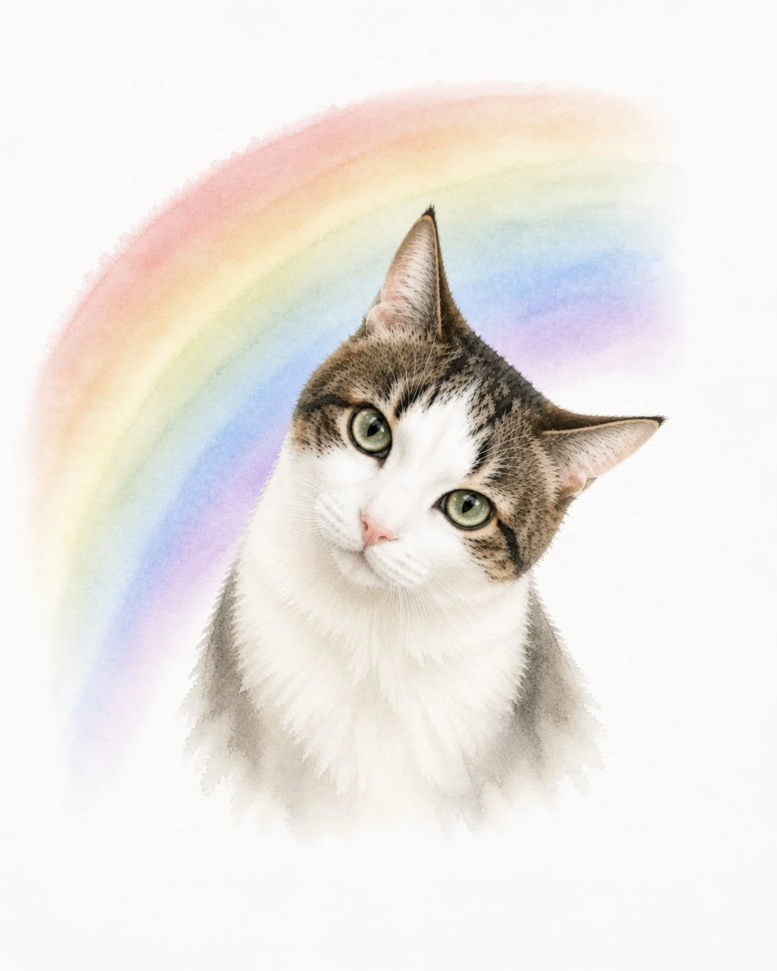 A kitten with tabby and white fur peeking above a rainbow-colored watercolor background.