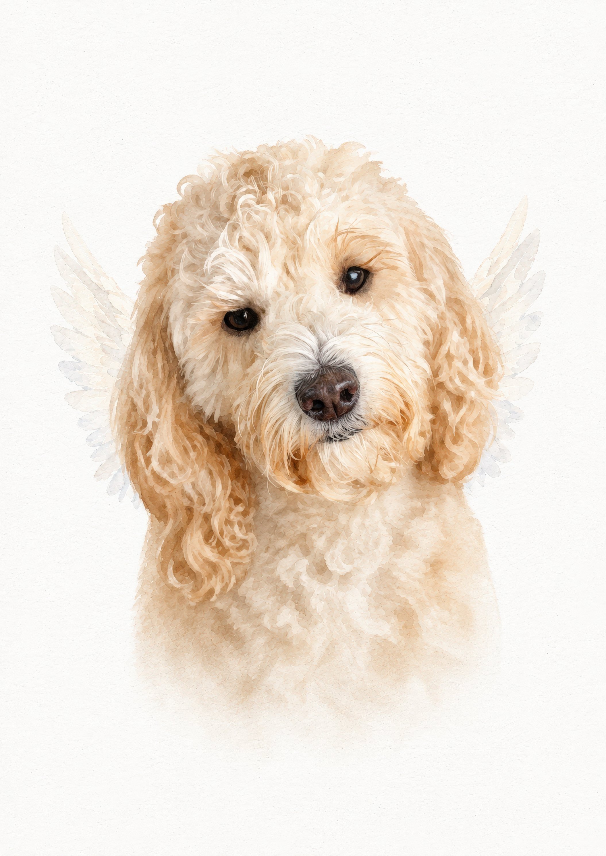 A cute dog with curly cream-colored fur, black eyes, and a black nose, with digital watercolor style wings added behind its ears.