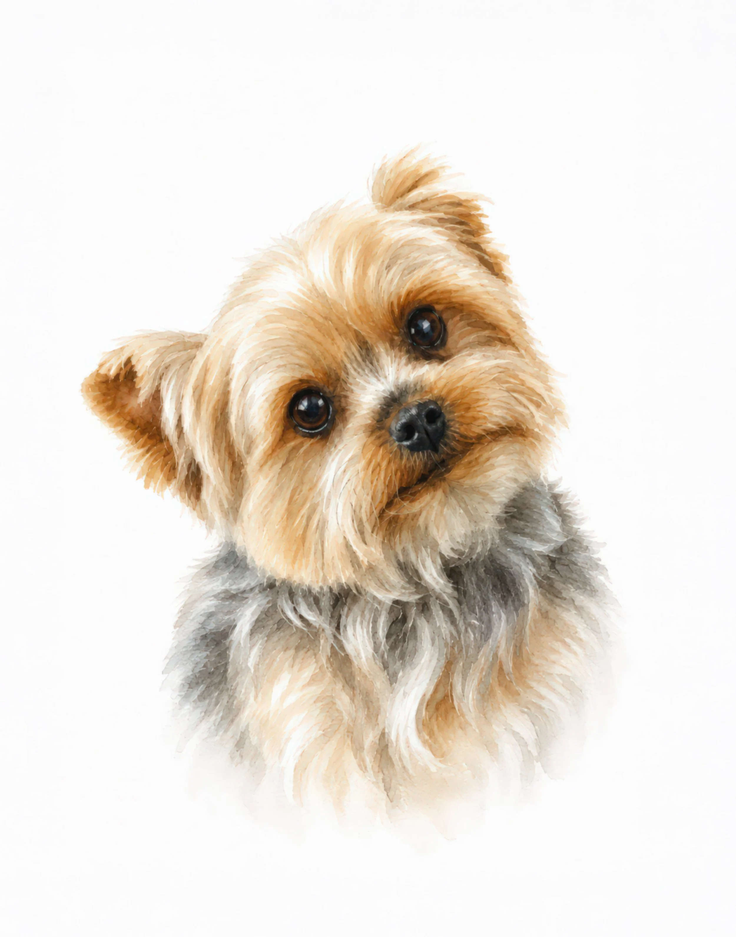 Painting of a small dog with brown fur and large black eyes, facing forward on a white background.