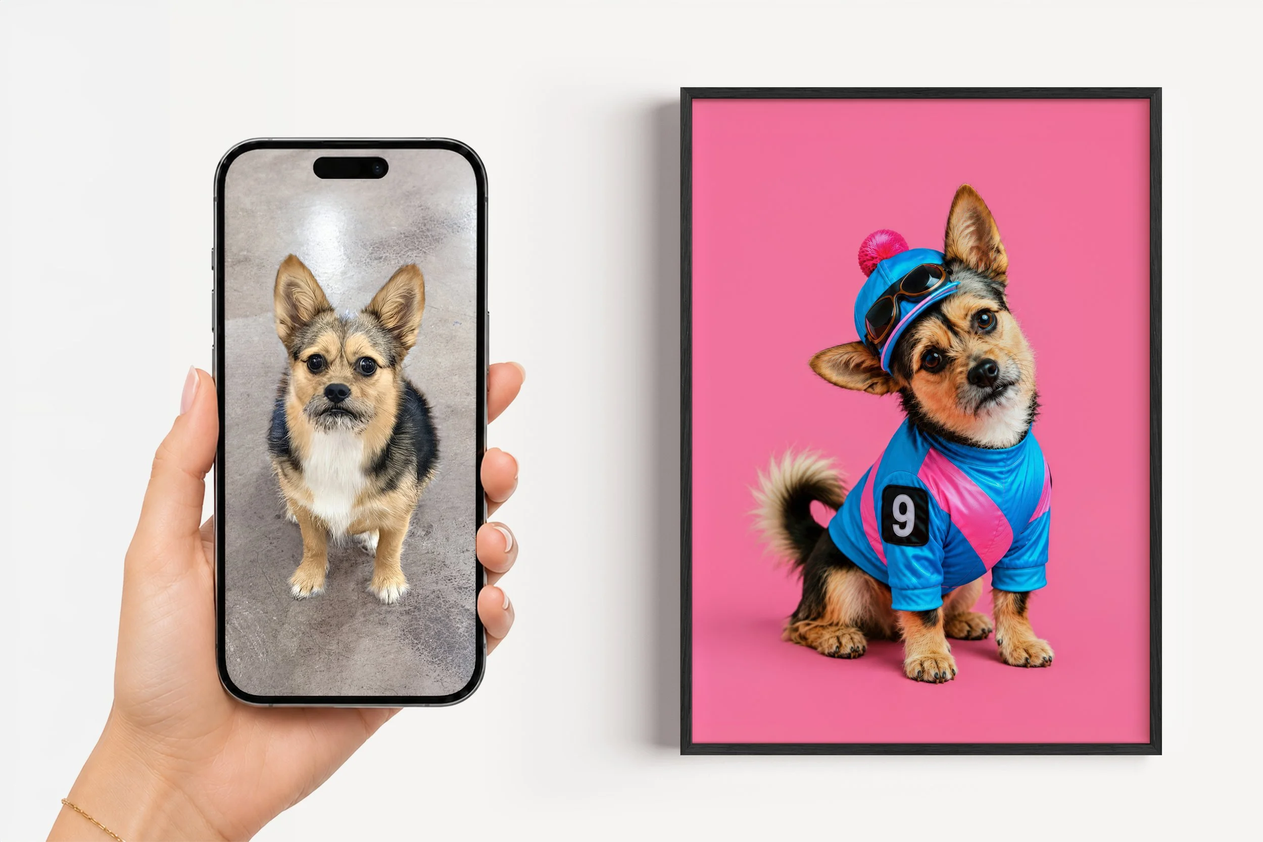 A hand holding a smartphone taking a picture of a small dog with a black and tan coat and large ears, standing on a gray surface. Next to the phone, there is a framed photo of the same dog dressed in a colorful costume with sunglasses and a pink pompom, against a pink background.