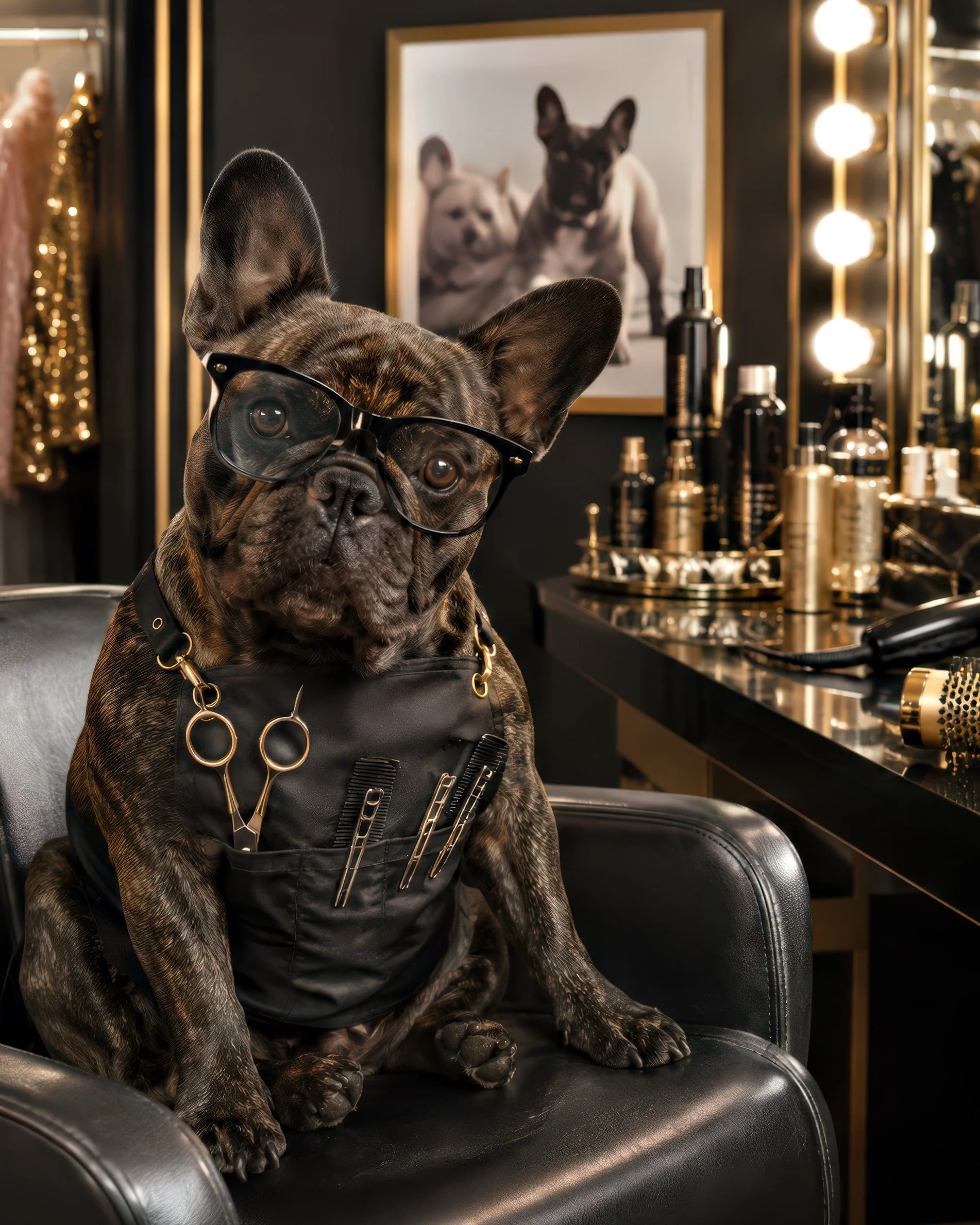 A brindle French Bulldog wearing black sunglasses and a black vest with golden hardware, sitting on a black salon chair. In the background, there is a framed black-and-white photo of two dogs and a styling station with illuminated mirrors and various