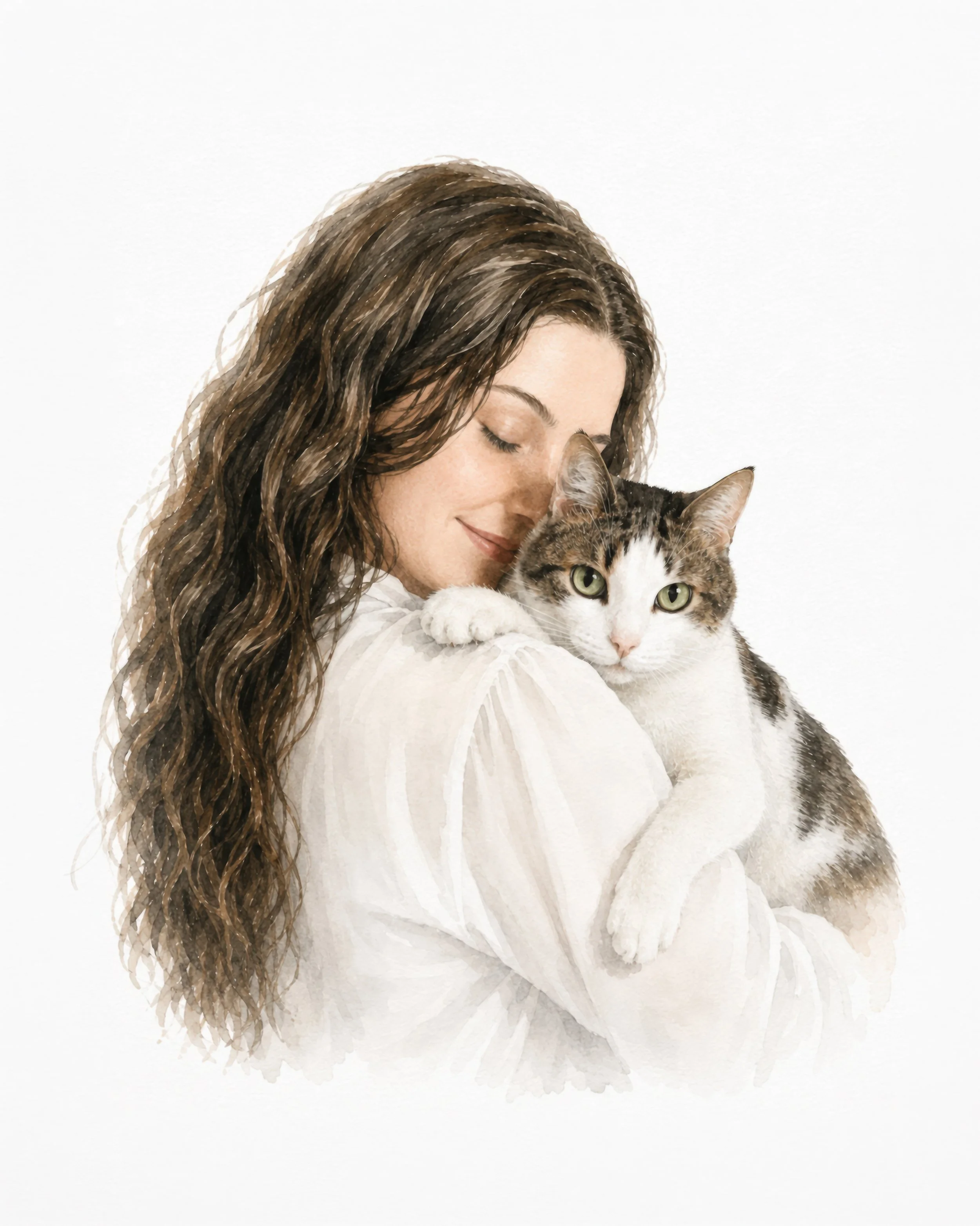 Close-up of a woman with long, wavy brown hair smiling and holding a tabby cat with green eyes and white paws against a white background.