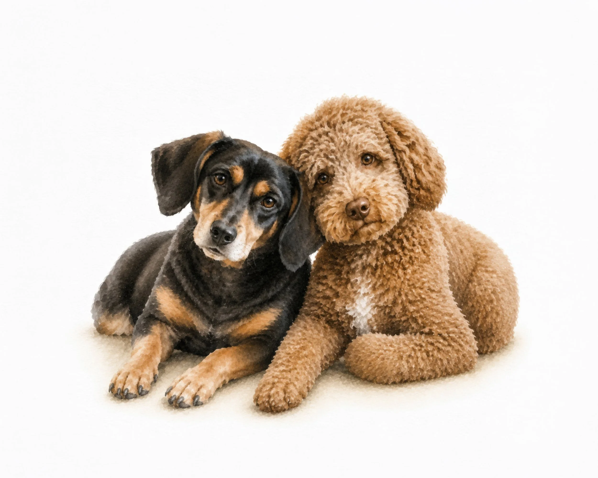Two dogs sitting on a white background, one with short black and tan fur, the other with curly brown fur.