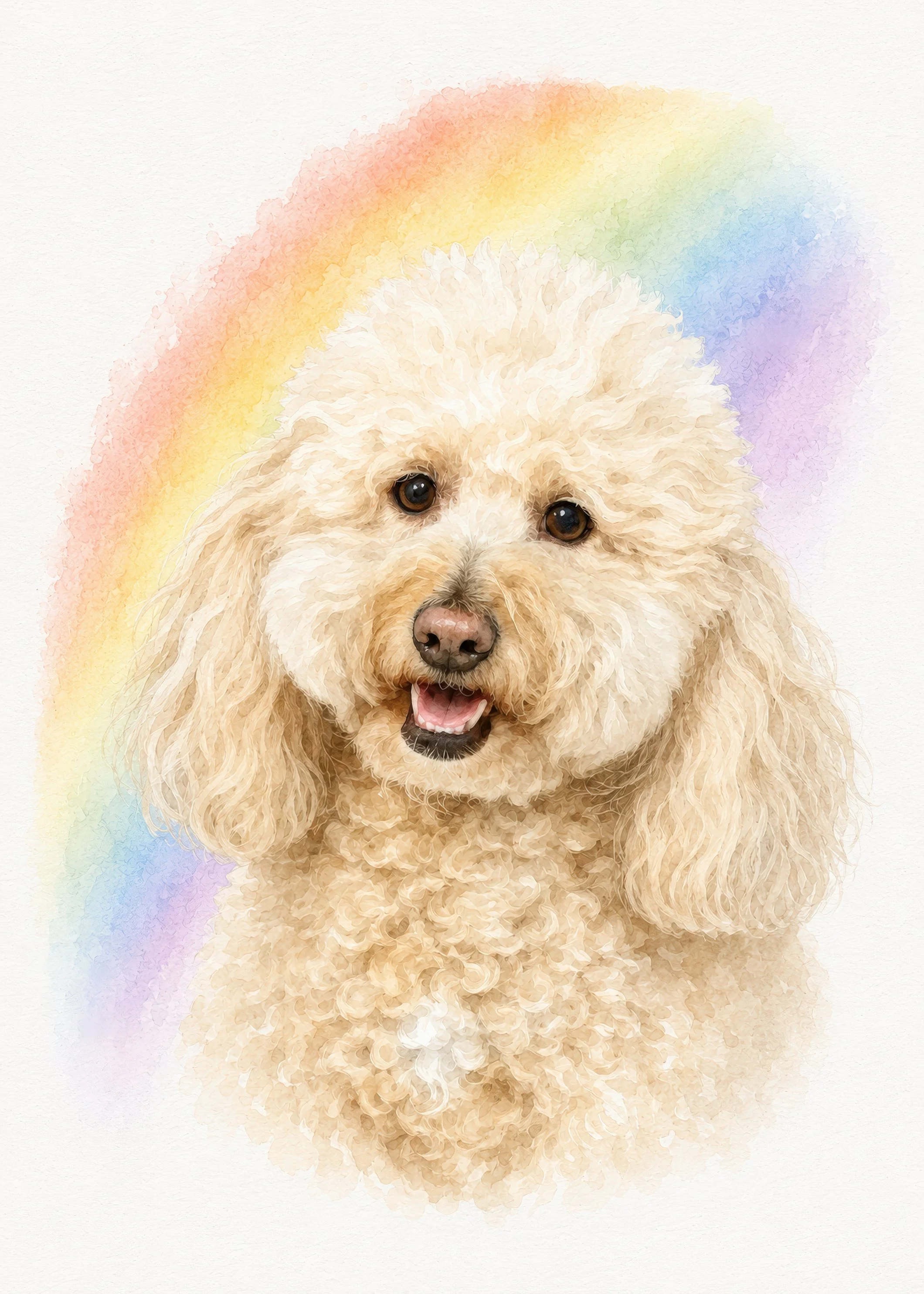 Watercolor painting of a happy, curly-haired dog with a rainbow background.