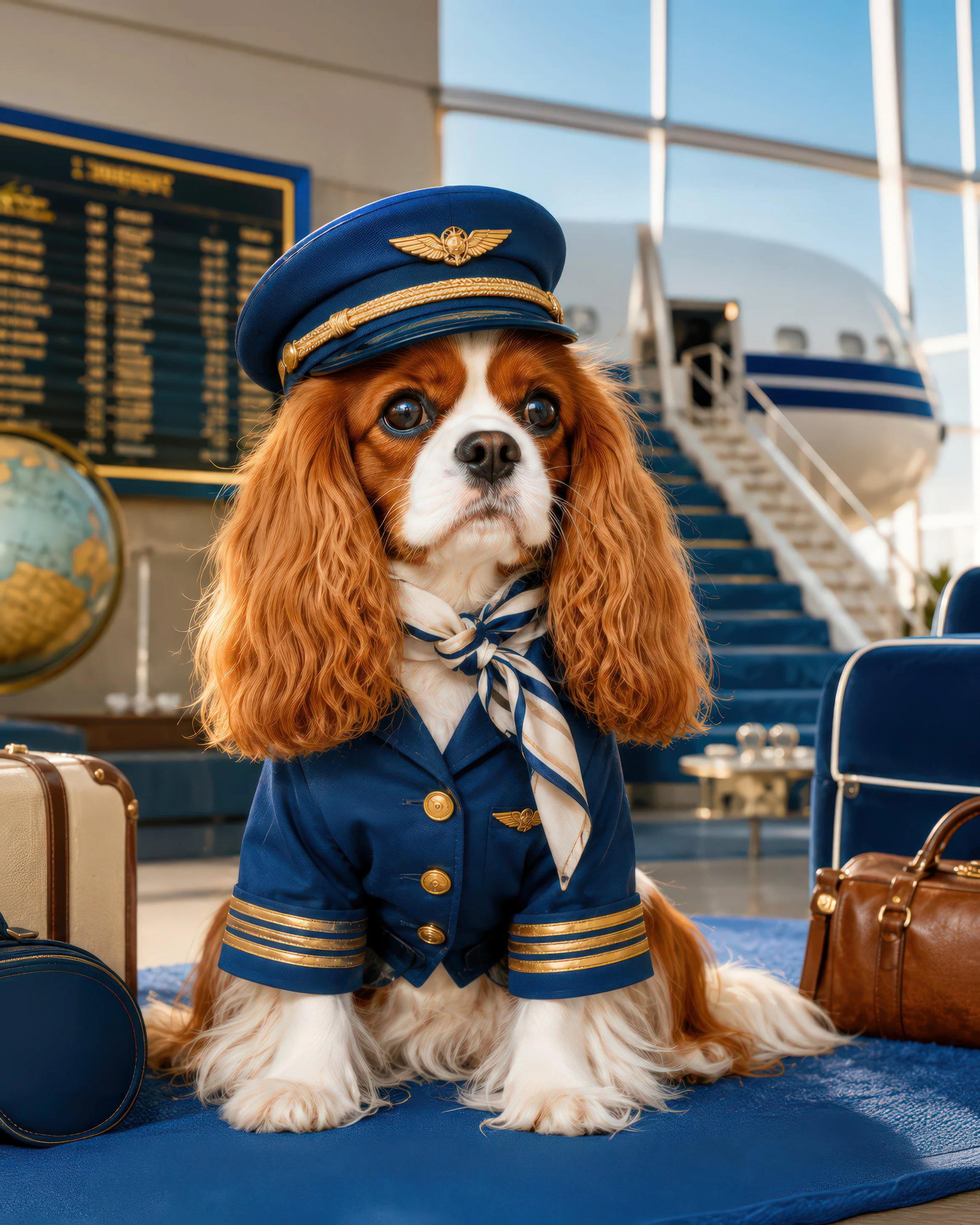 A dog dressed as an airline pilot, wearing a blue pilot uniform with gold stripes and a pilot hat with wings, sitting on an airport floor near luggage with airplane stairs and a departure board in the background.