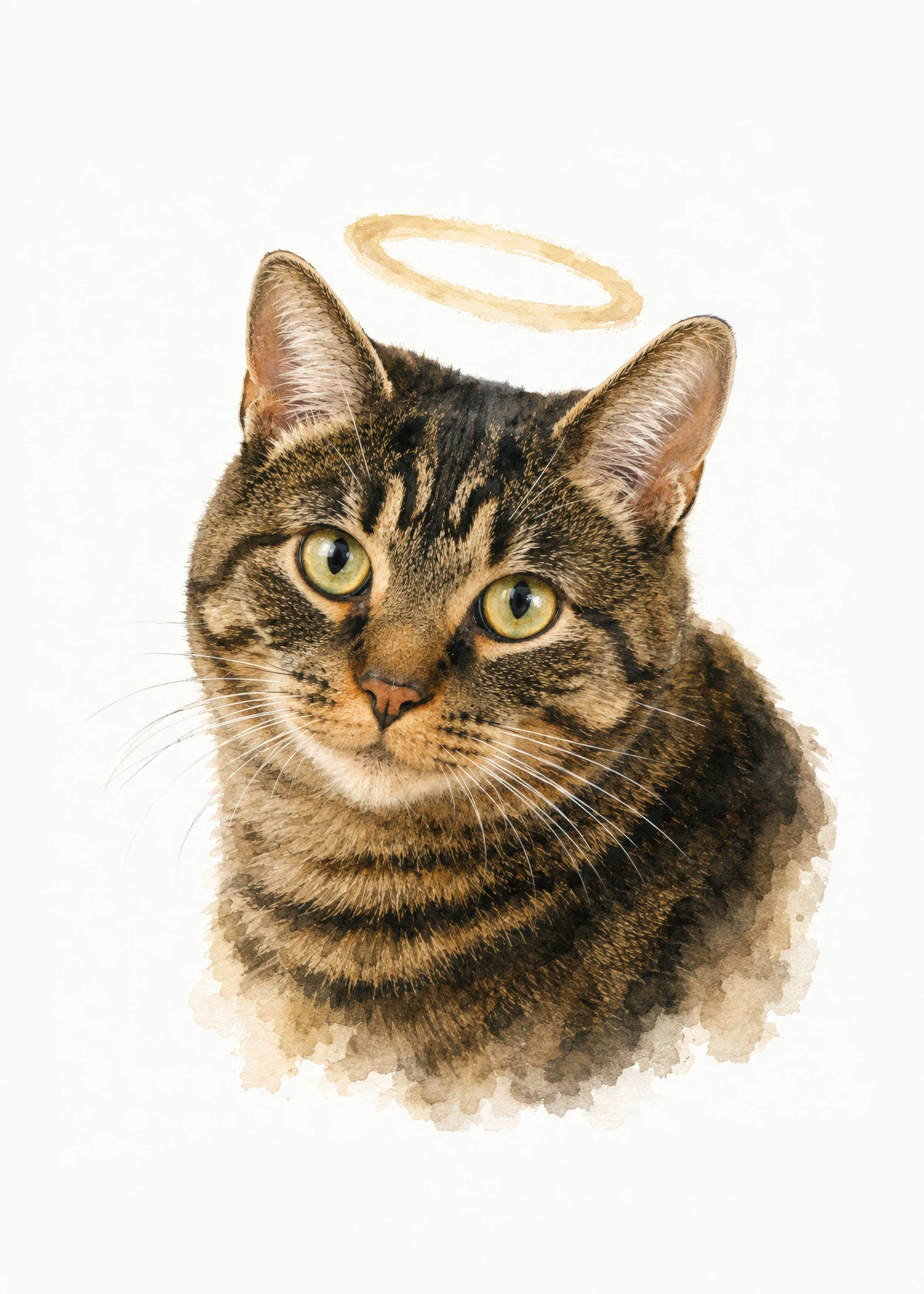 Watercolor illustration of a tabby cat with yellow eyes, short fur, and a halo above its head.