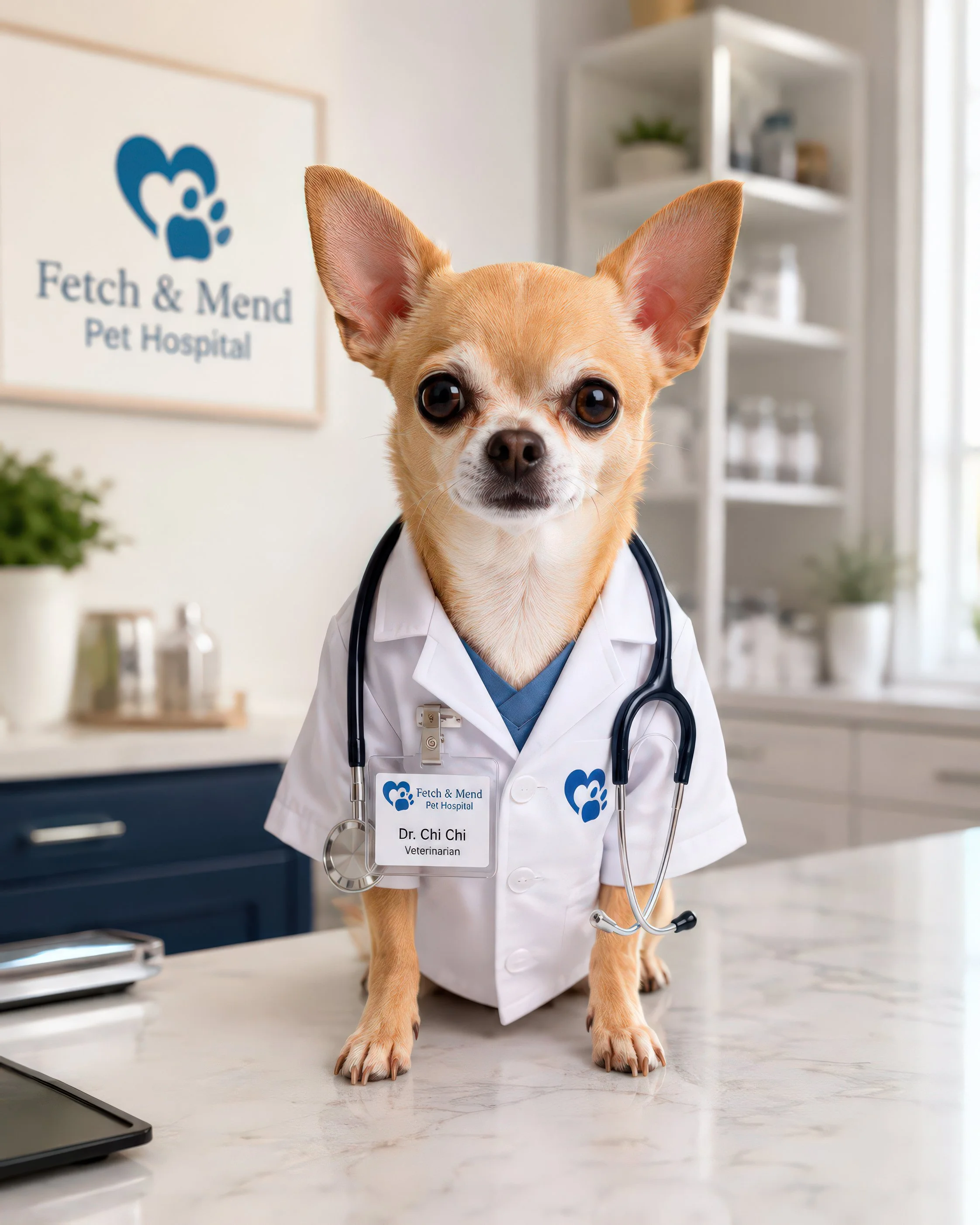 Photo of a small dog dressed as a veterinarian, wearing a white coat with a stethoscope around its neck, in a pet hospital clinic.