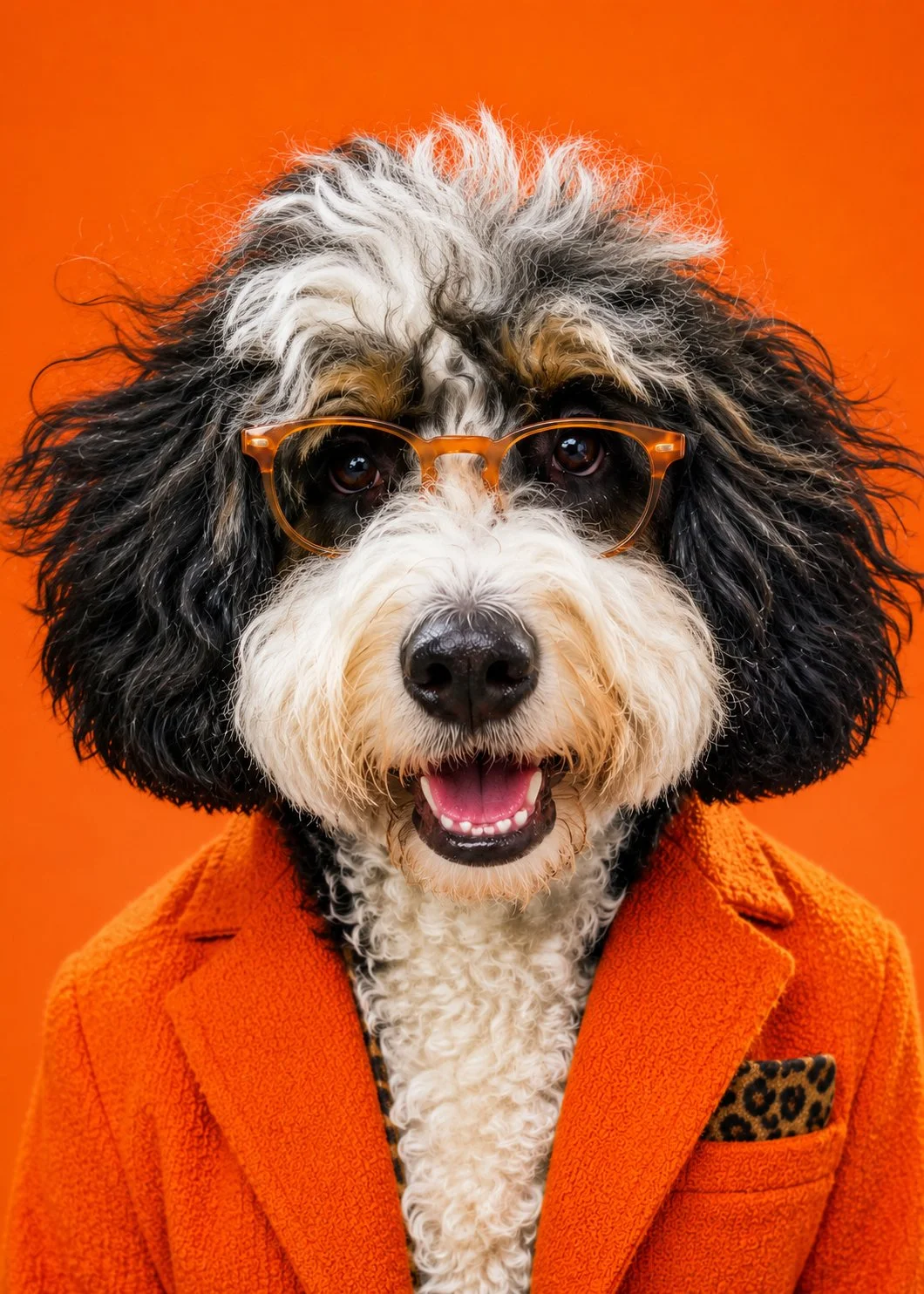A dog wearing orange glasses and an orange blazer with a leopard print pocket square, standing against an orange background.