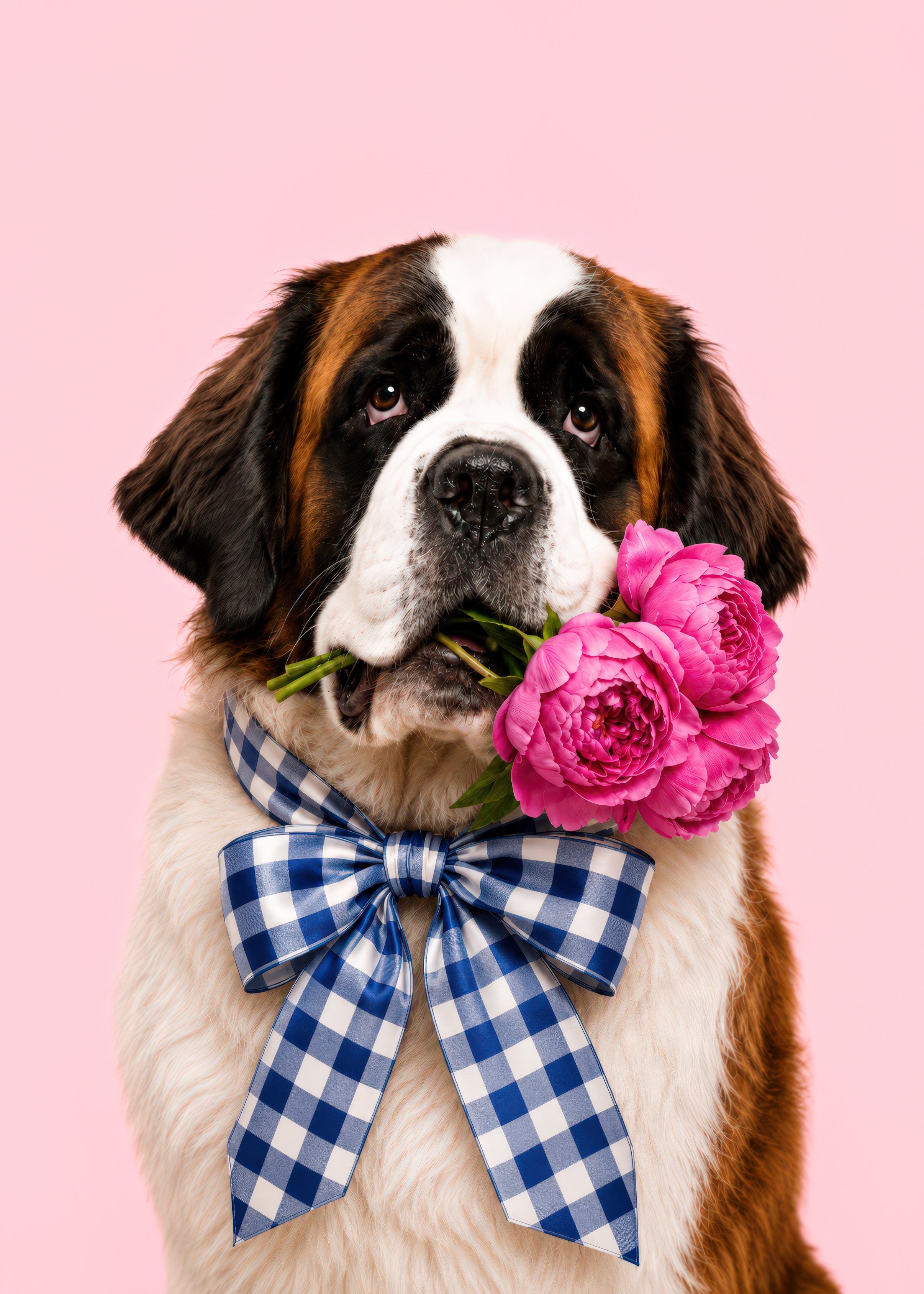 Adorable Saint Bernard dog wearing a blue and white checkered bow tie holding a bunch of pink peony flowers against a pastel pink background.