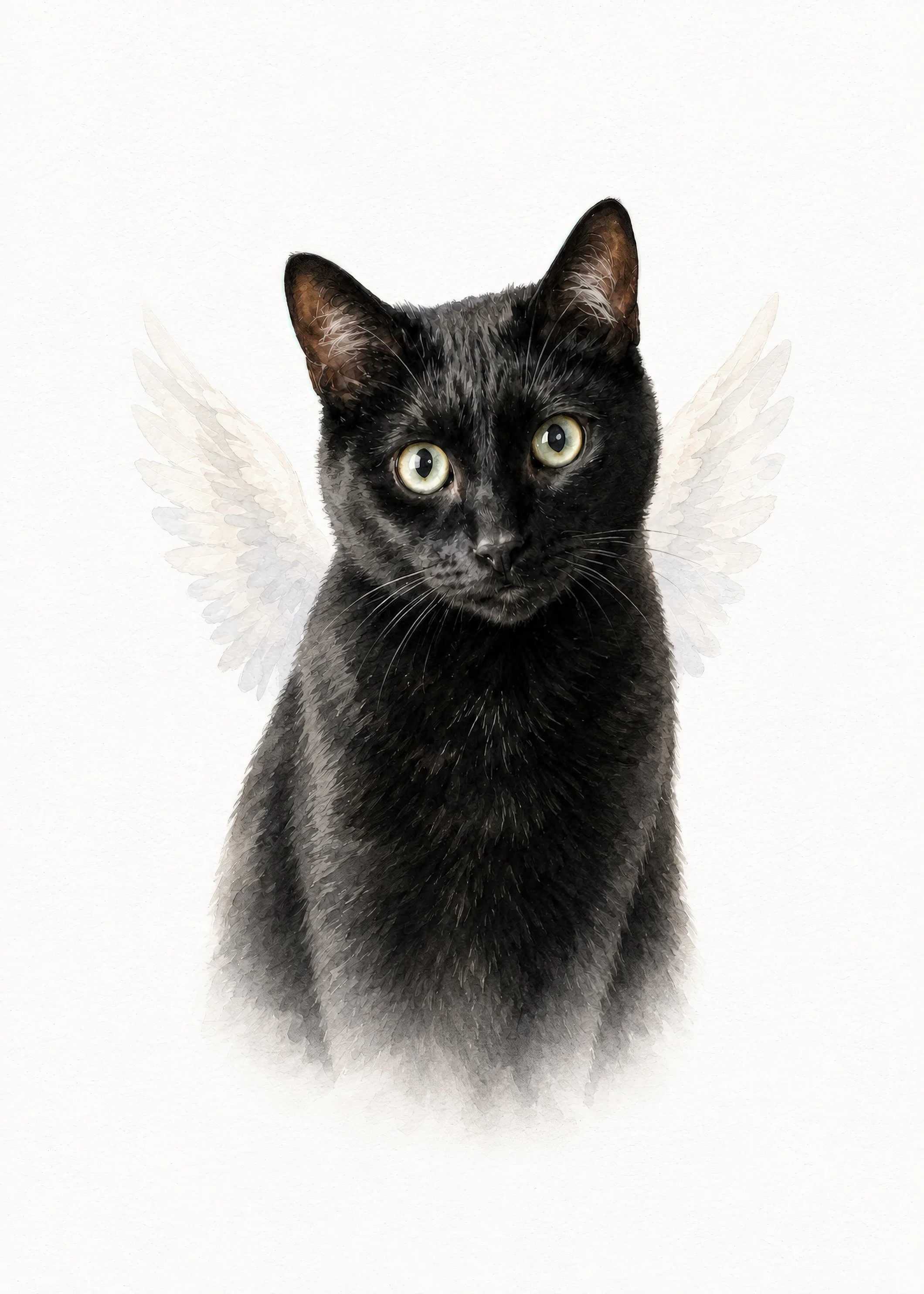 A black cat with green eyes and slightly wet fur, with white angel wings digitally added behind it, on a plain white background.