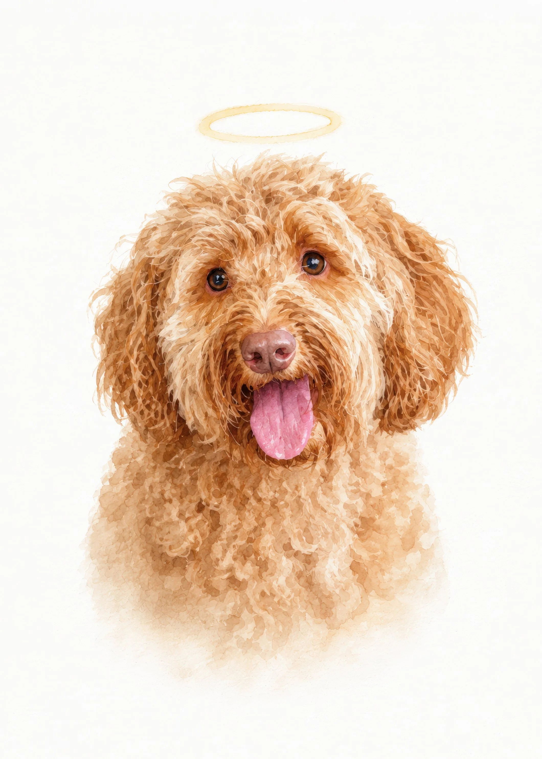 A dog with wet, curly, golden fur, looking at the camera with a happy expression and tongue out. Above its head, there is a faint, glowing halo.