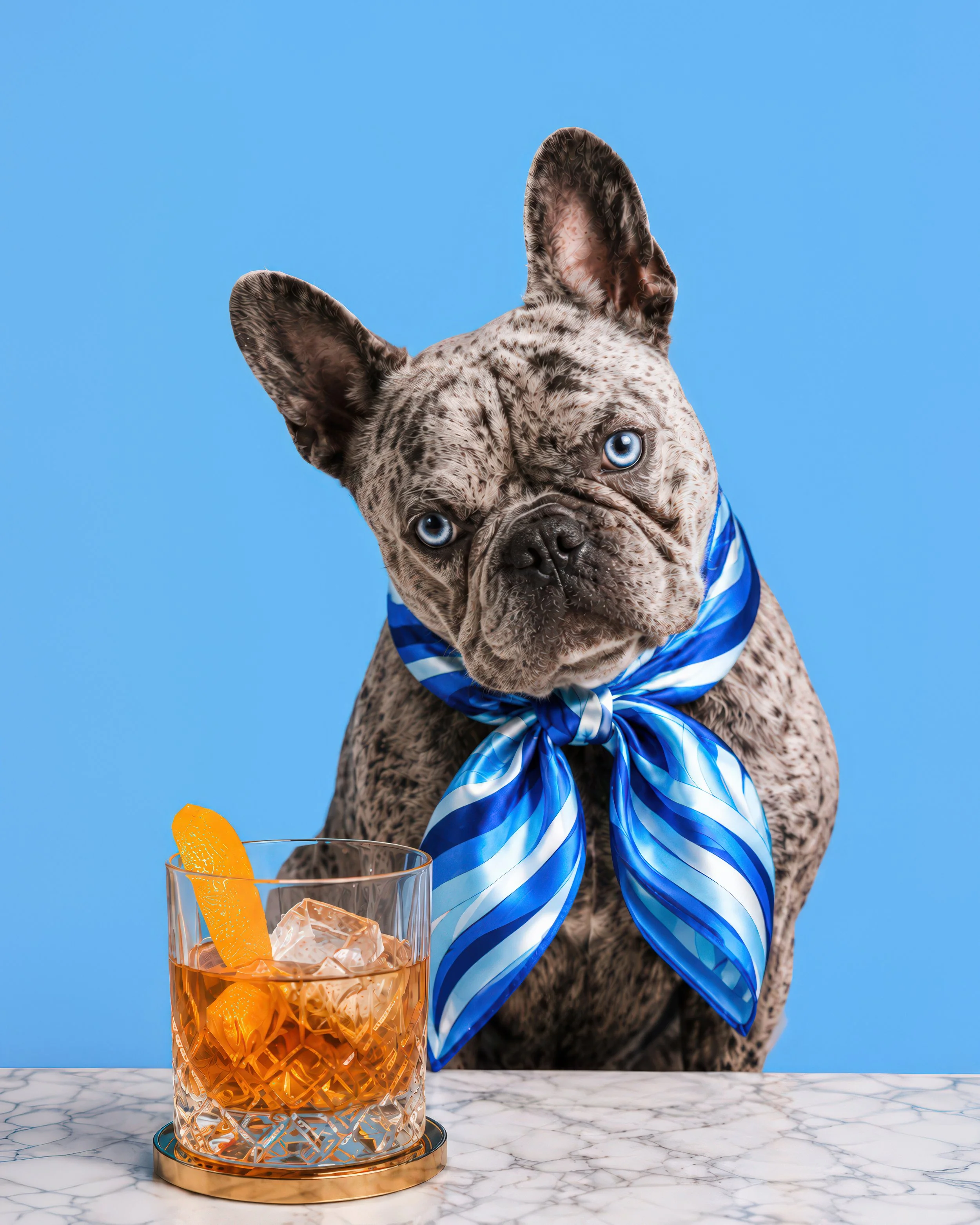 French Bulldog puppy with blue eyes wearing a blue and white striped bandana, sitting at a white marble table with an orange decorative drink container. The puppy is against a solid light blue background.