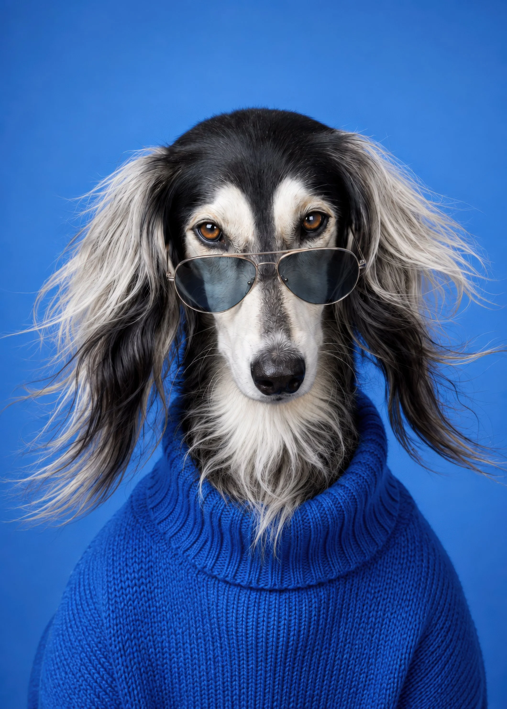 A dog wearing aviator sunglasses and a blue knitted sweater against a blue background.