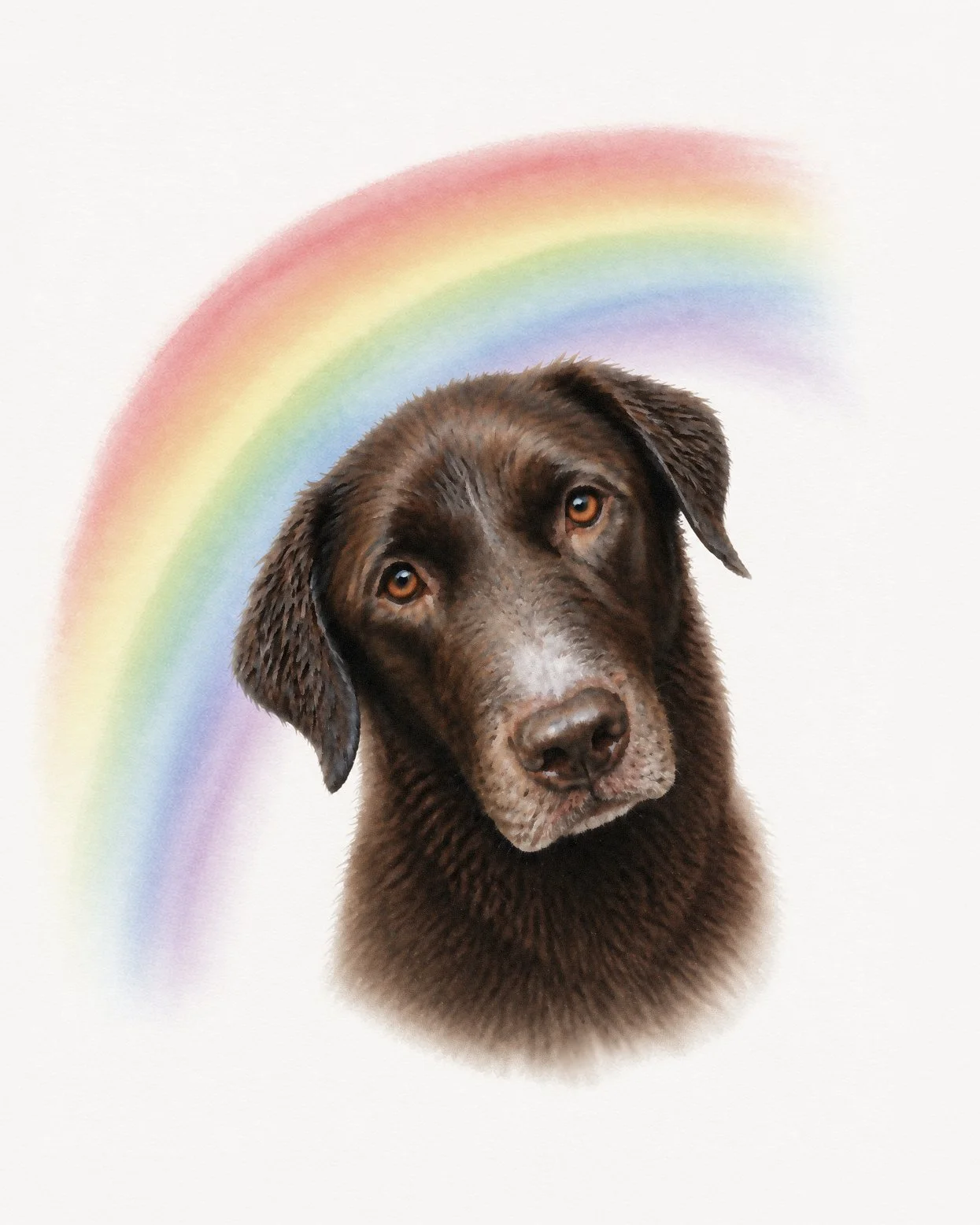 Photo of a brown Labrador retriever with a multicolored rainbow in the background.