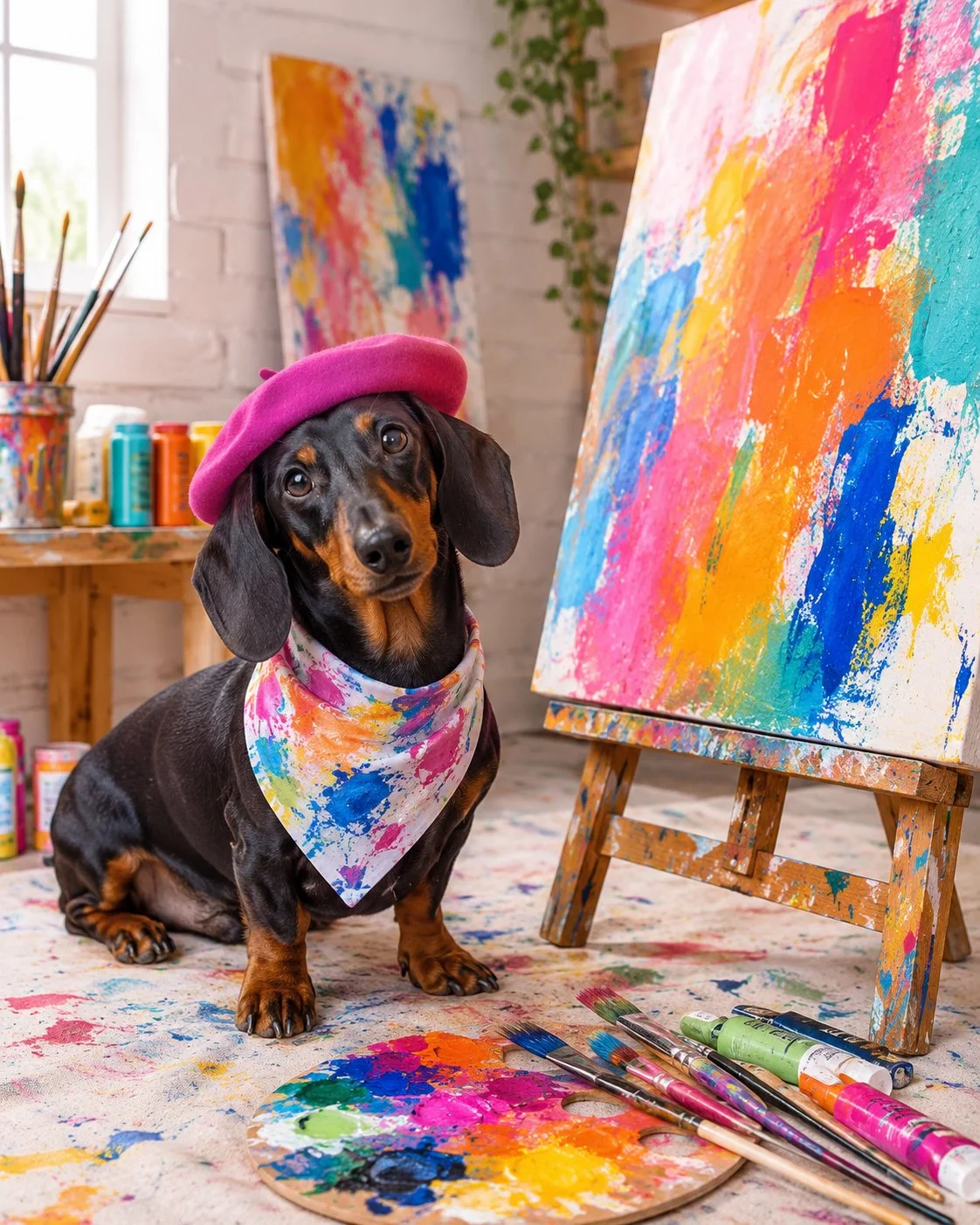 A black and tan dachshund with big floppy ears, wearing a pink beret and a colorful paint-splattered bandana, sitting in front of an abstract colorful painting on an easel in an art studio.