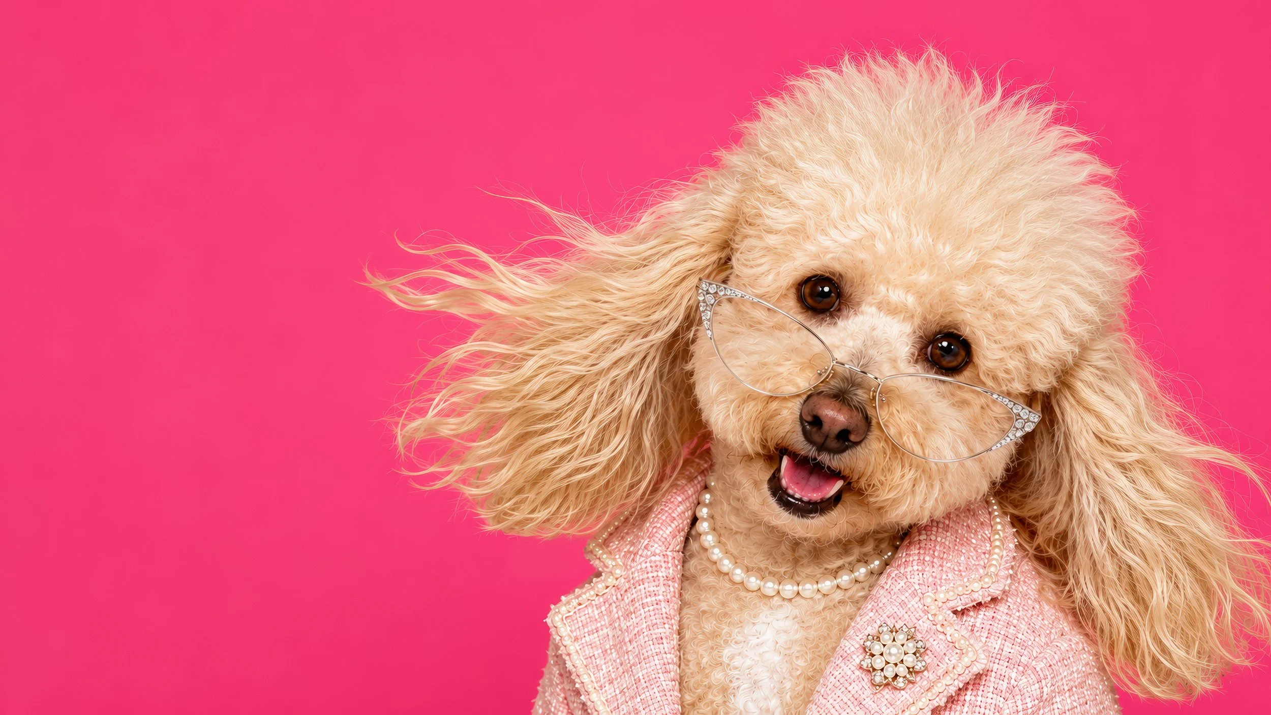The Pawsh Collection, photo realistic high fashion editorial image of a golden doodle dog dressed in a Chanel inspired blazer with pearl necklace, brooch, and silver rimmed cat eye glasses with rhinestones.