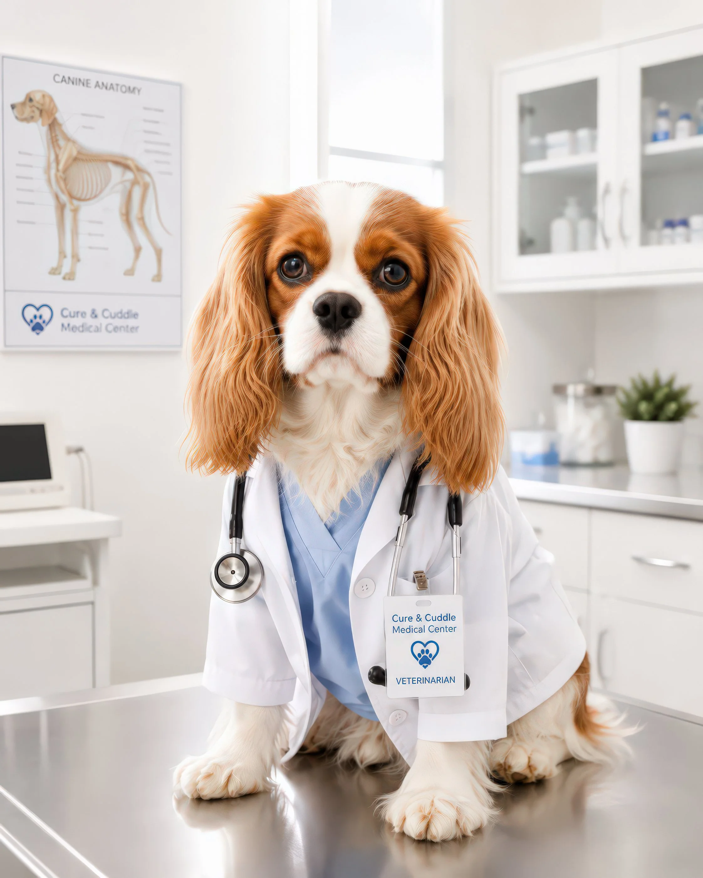 A Cavalier King Charles Spaniel dog dressed as a veterinarian in a white coat with a stethoscope around its neck, sitting on an examination table in a veterinary clinic.