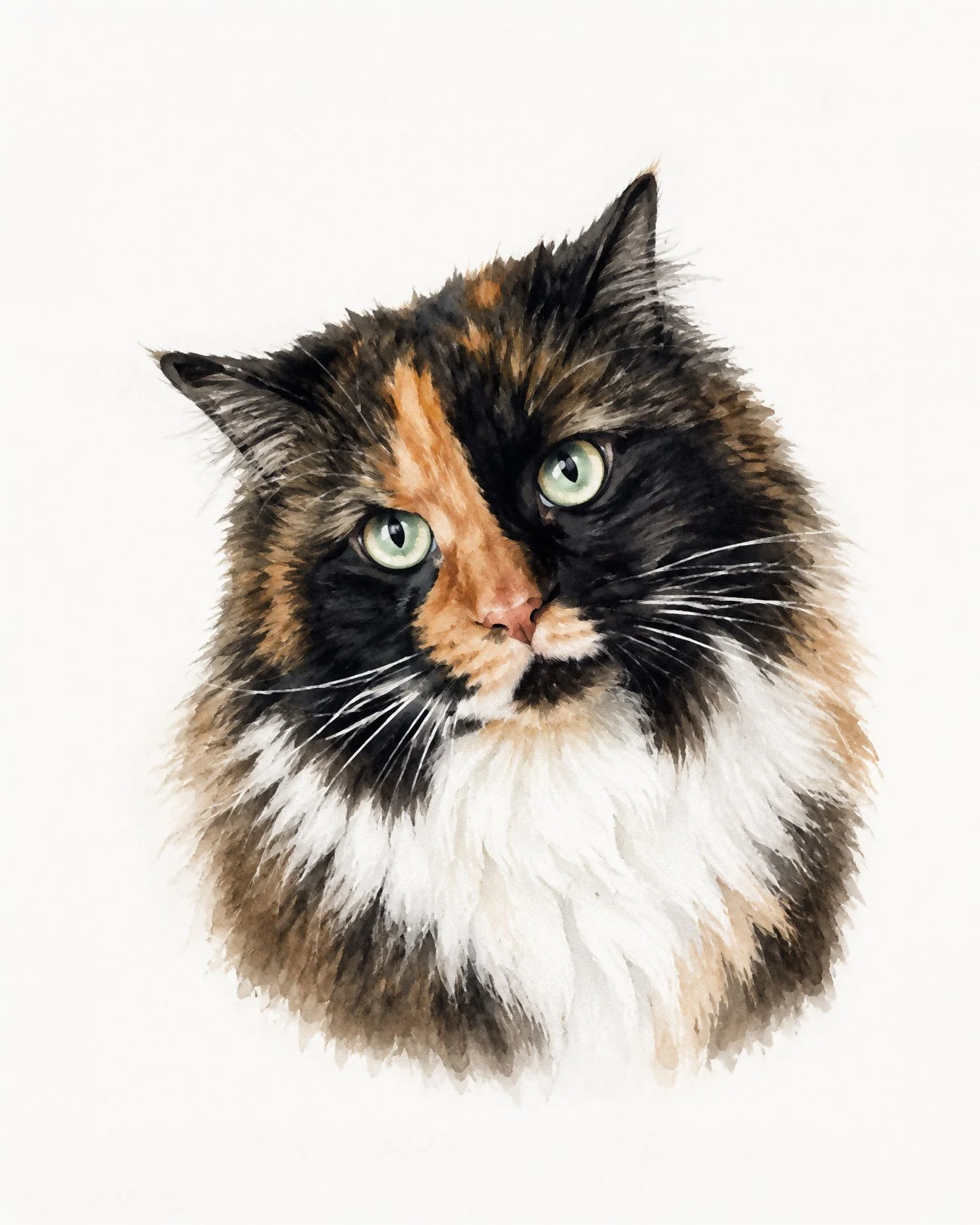 Close-up photo of a calico cat with green eyes and multi-colored fur, set against a white background.