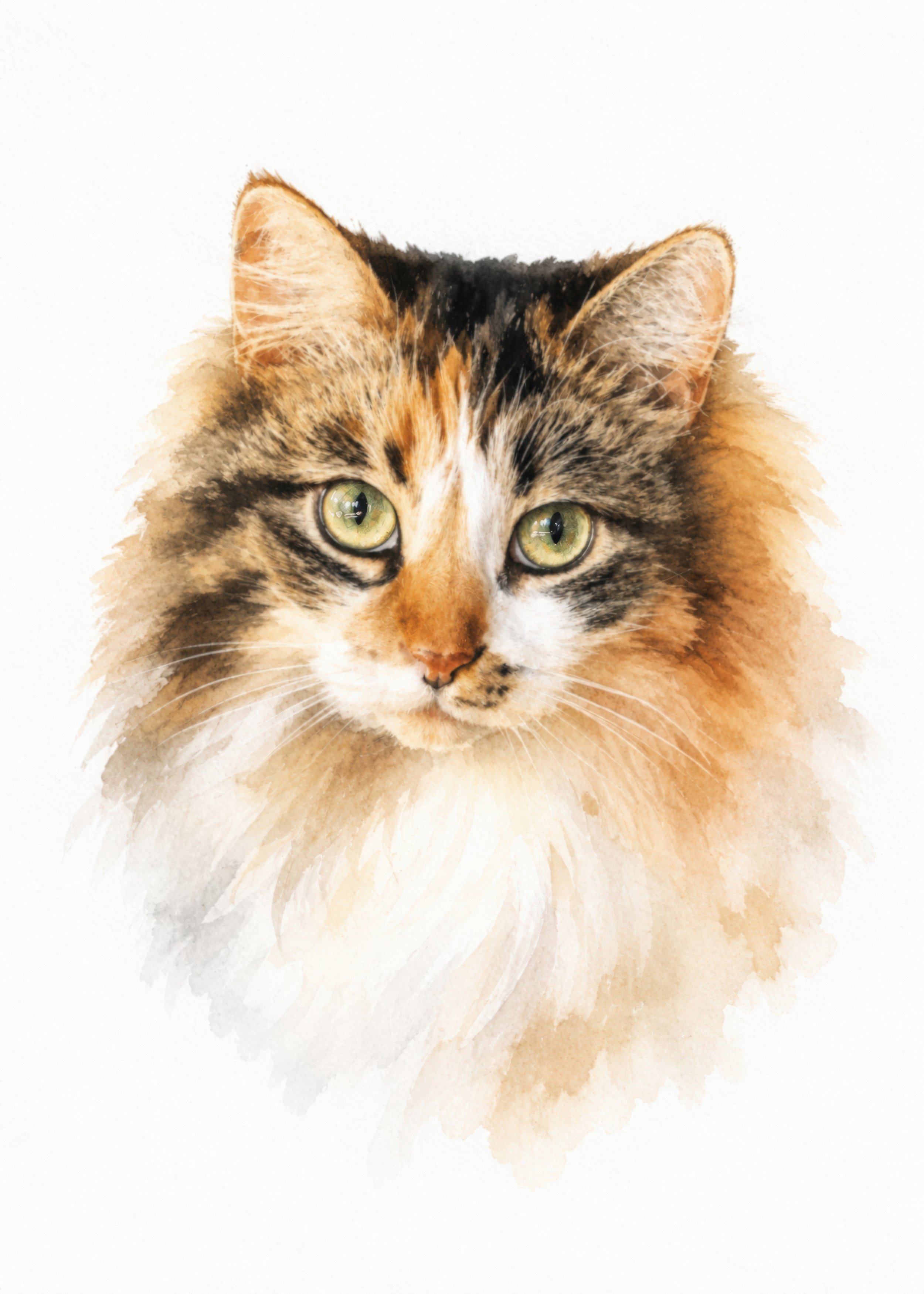 A realistic watercolor painting of a tabby cat's face with green eyes, wide ears, and detailed fur.