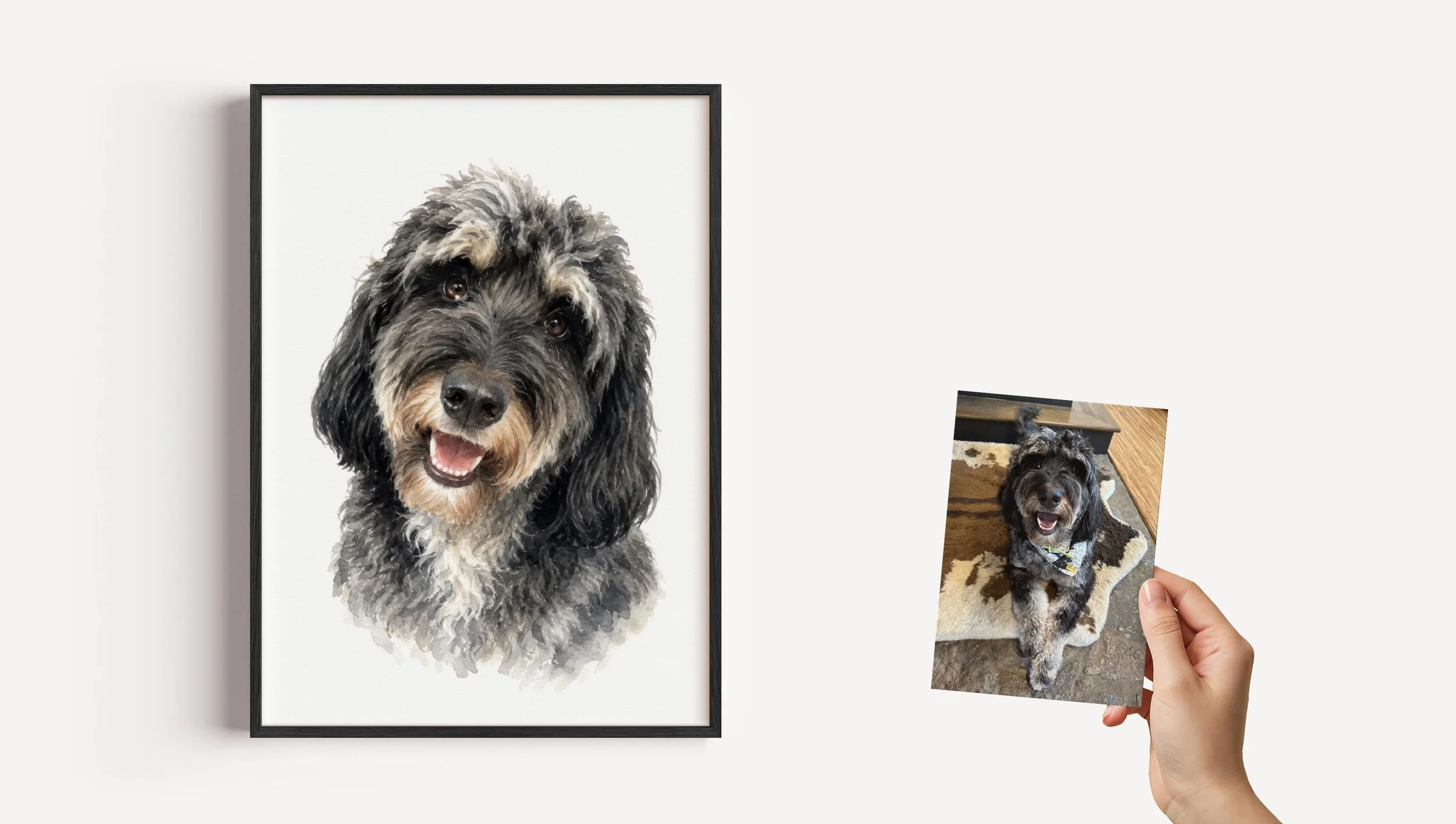 Comparison of a digital painting of a dog and a real photo of the same dog being held by a person.