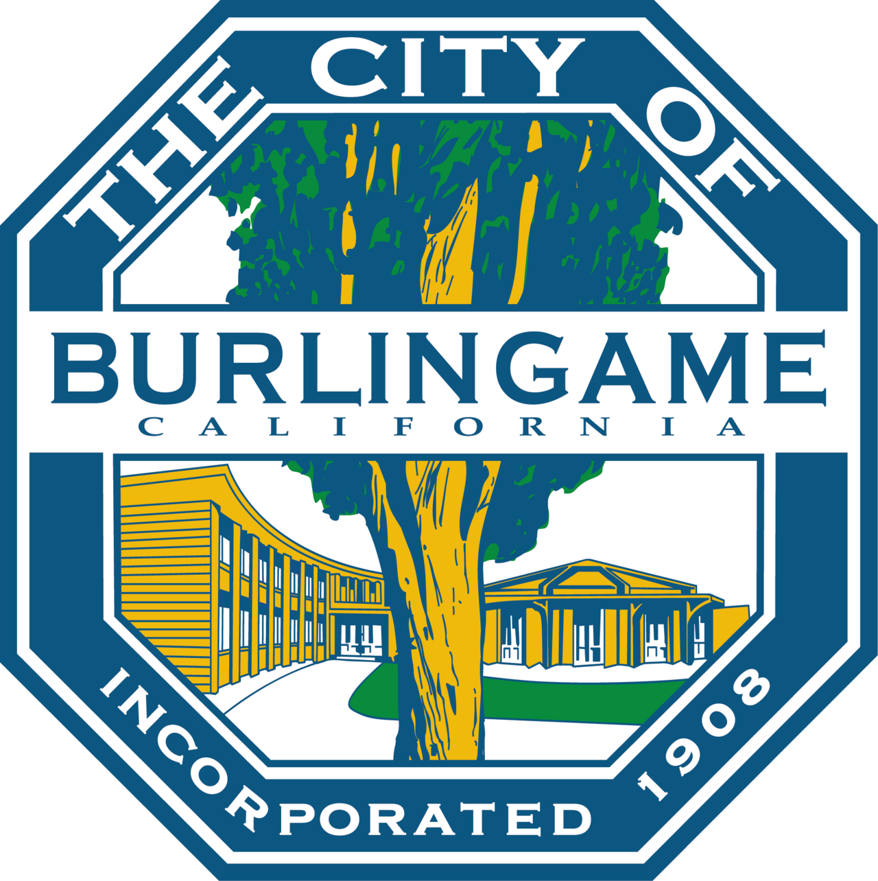 Seal of the City of Burlingame, California, featuring a large tree with green leaves and a yellow trunk, and two yellow and blue buildings at the bottom, with text indicating incorporation in 1908.