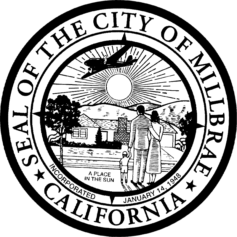 Seal of the city of Millbrae, California, featuring a flying airplane, a sun, a family walking, trees, houses, and a quote 'A place in the sun.'
