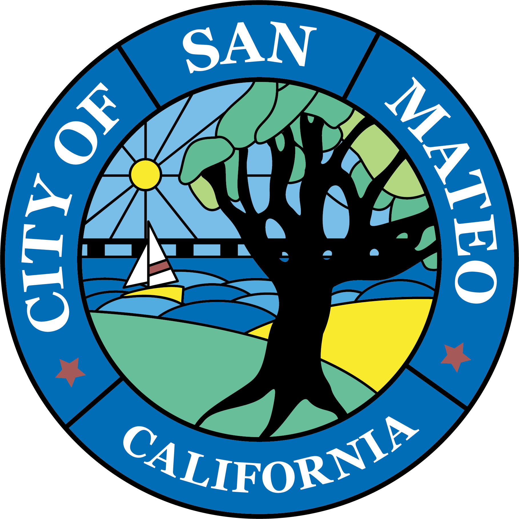 Seal with a tree, a sailing boat, and a landscape, surrounded by the words "California" and "State of".