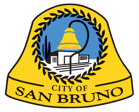 Seal of the City of San Bruno, featuring a blue background with a gold bell, a white building with a staircase, and a black wreath, all within a yellow shield-shaped border.