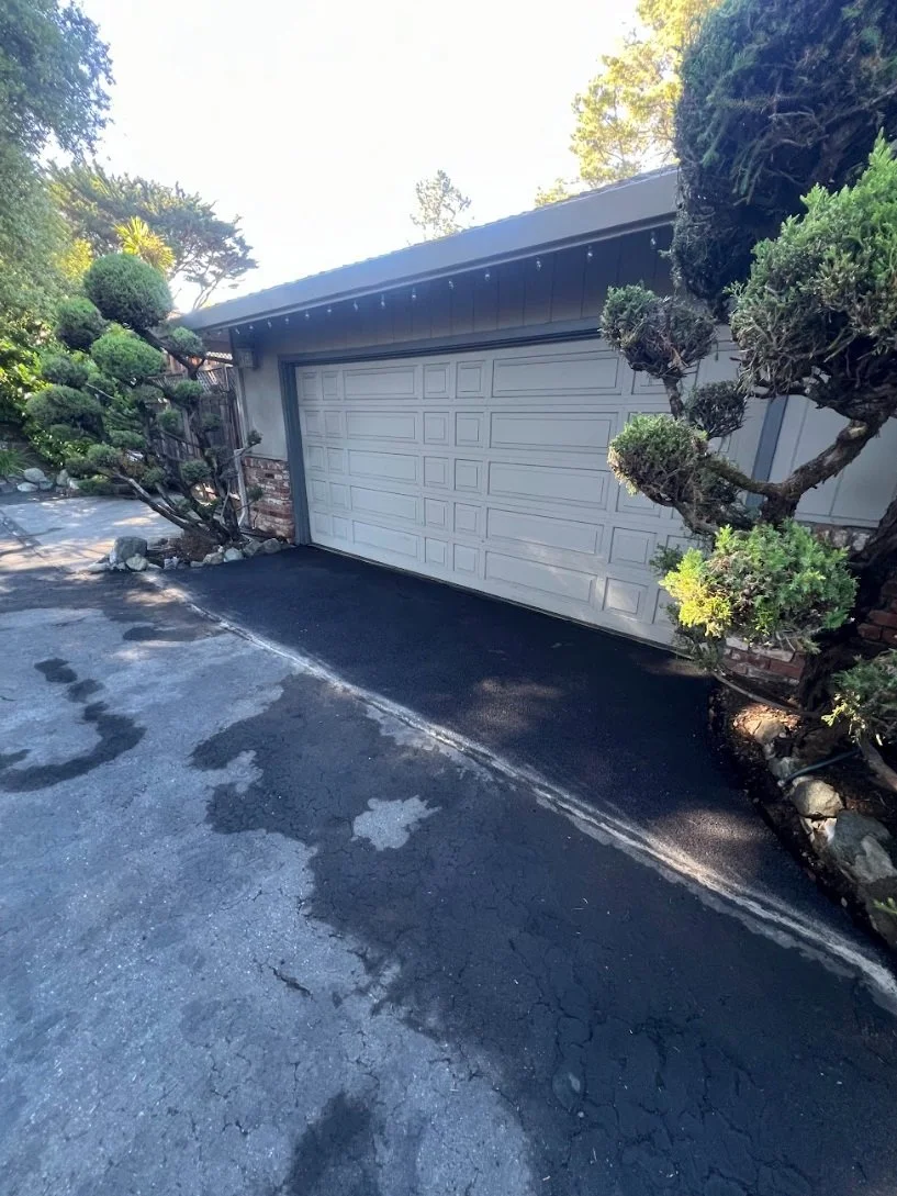 Photo of a garage door in a residential driveway, with two sculpted bushes on either side and a cracked asphalt surface.
